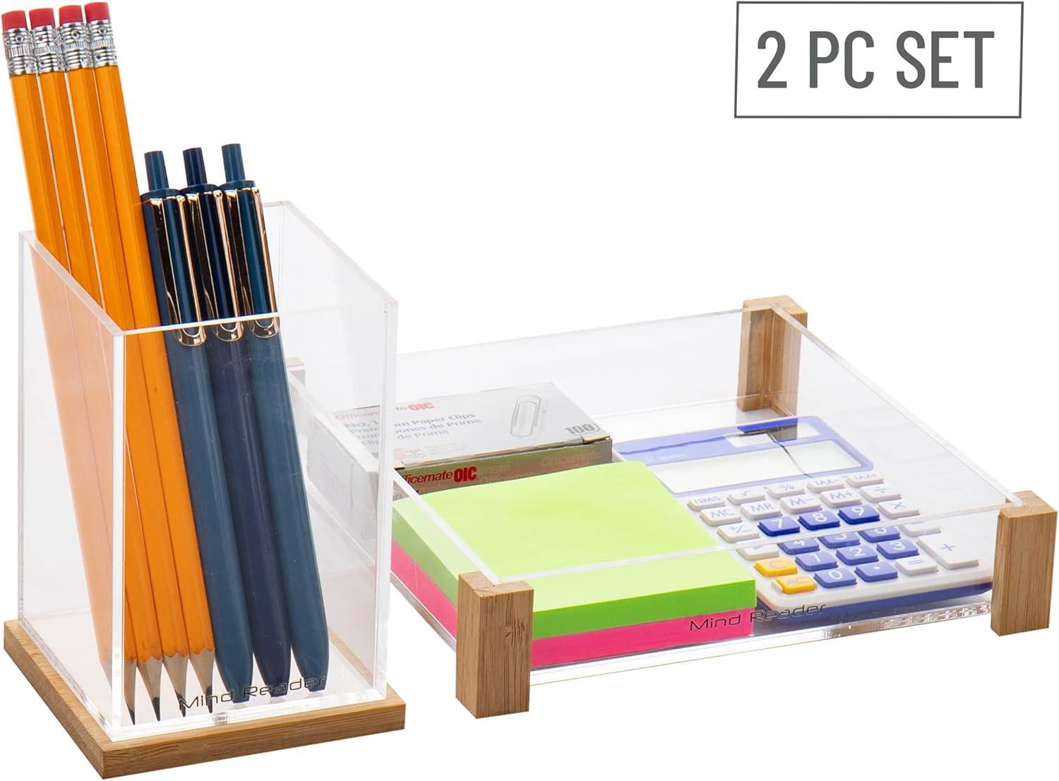 image:imageMind Reader Catch All Tray and Pen Cup Set Office Acrylic 675L x 675W x 15H 2 Pcs BrownCatch All Tray and Pen Cup