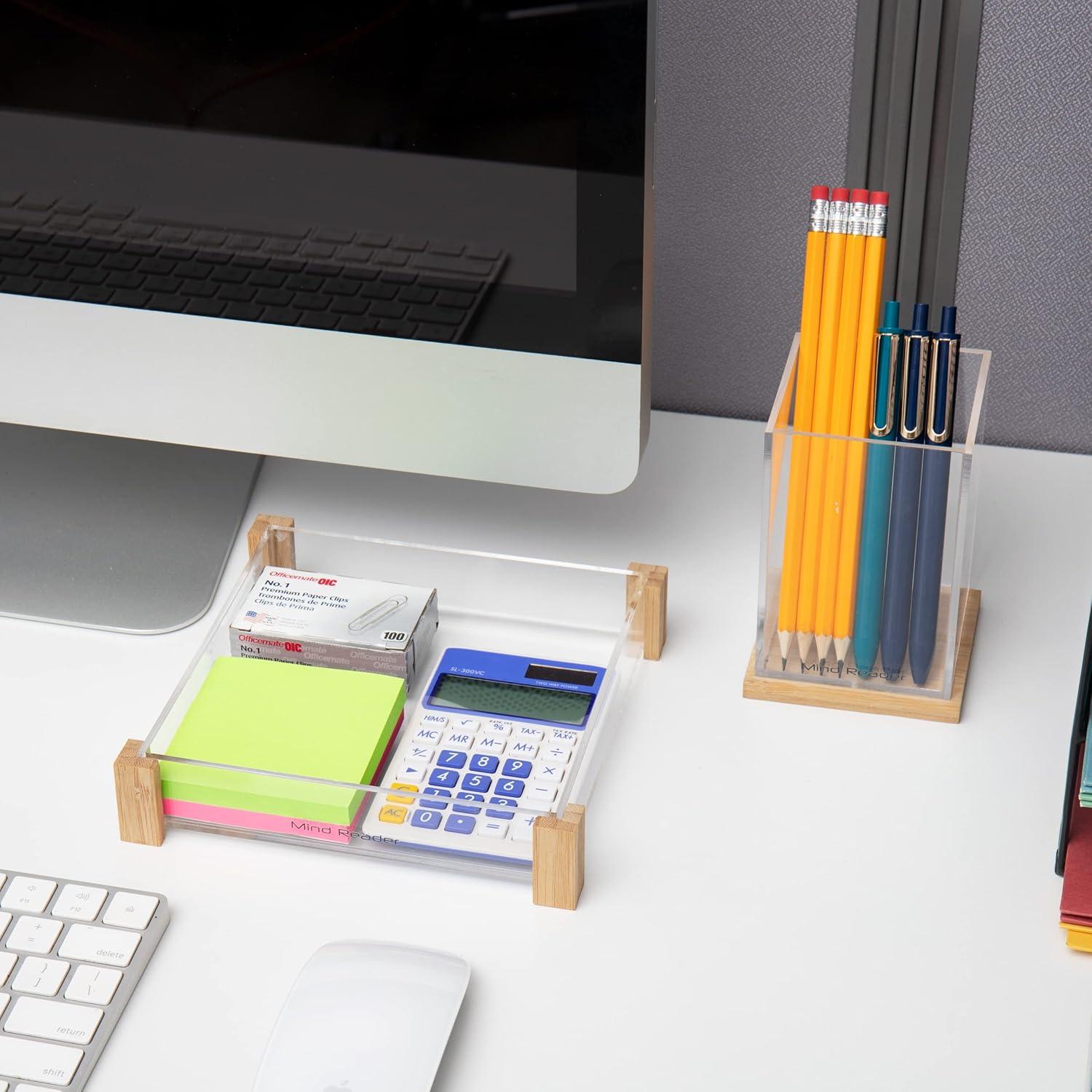 image:imageMind Reader Catch All Tray and Pen Cup Set Office Acrylic 675L x 675W x 15H 2 Pcs BrownCatch All Tray and Pen Cup