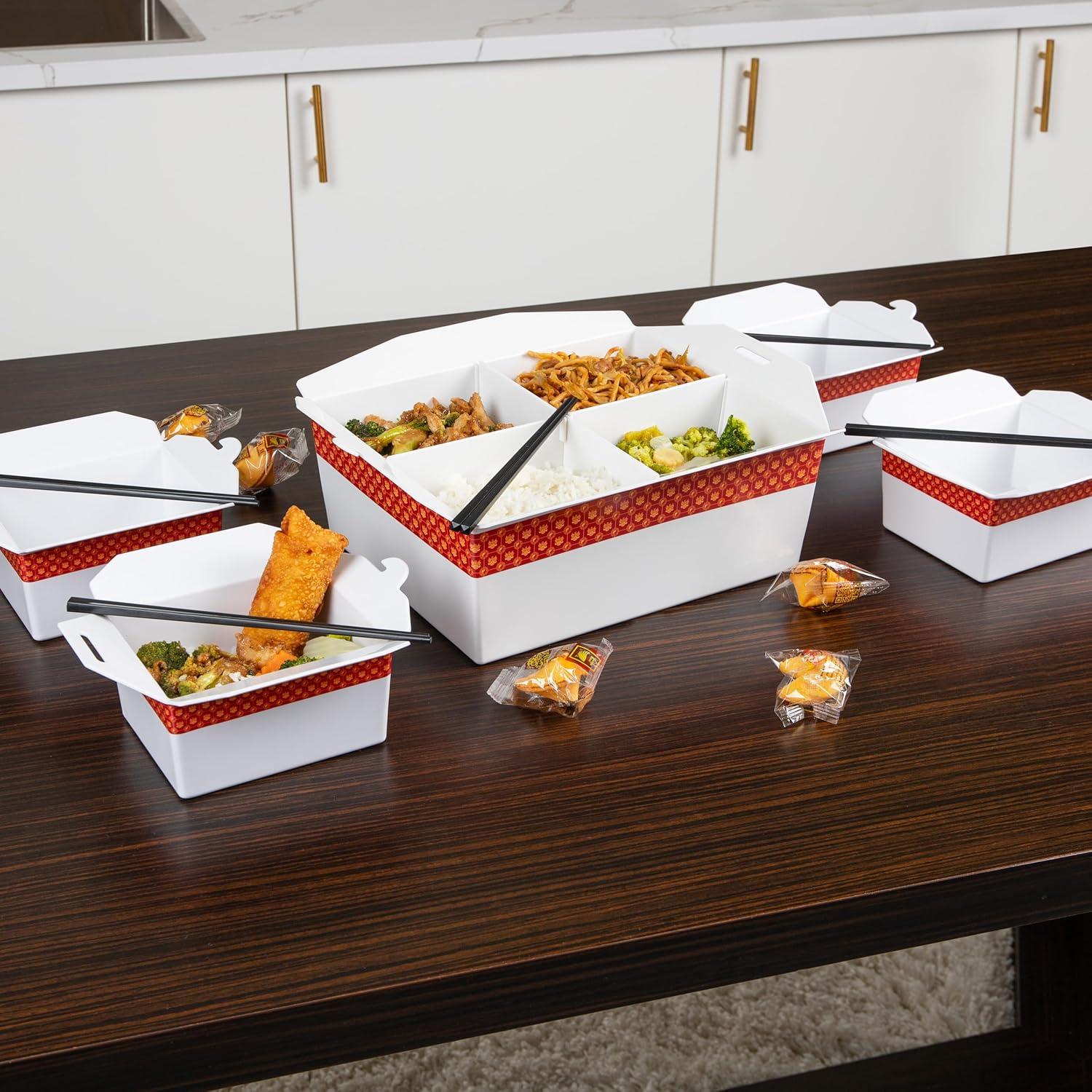 image:imageMind Reader Chinese Take Out Serving Set Divided Serving Tray 4 Bowls Melamine 15 L x 13 W x 55 H 5 pcs White