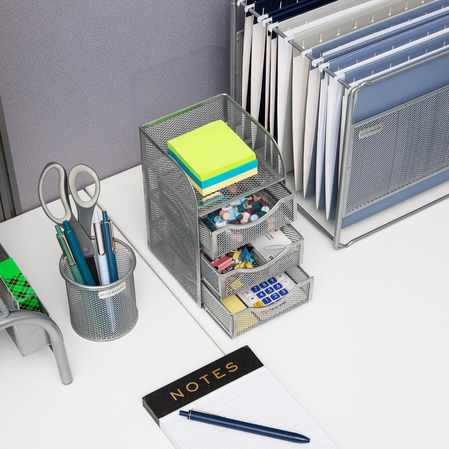 image:imageMind Reader Desktop Accessory Storage Paper Binder Clip Basket Workspace Office Metal Mesh 475L x 5W x 8H SilverSilver