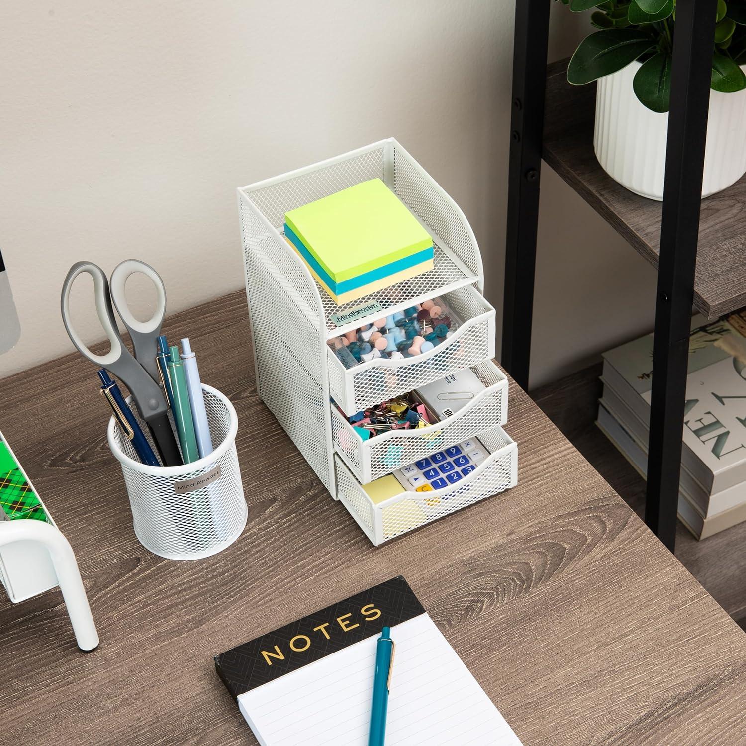 image:imageMind Reader Desktop Accessory Storage Paper Binder Clip Basket Workspace Office Metal Mesh 475L x 5W x 8H SilverWhite