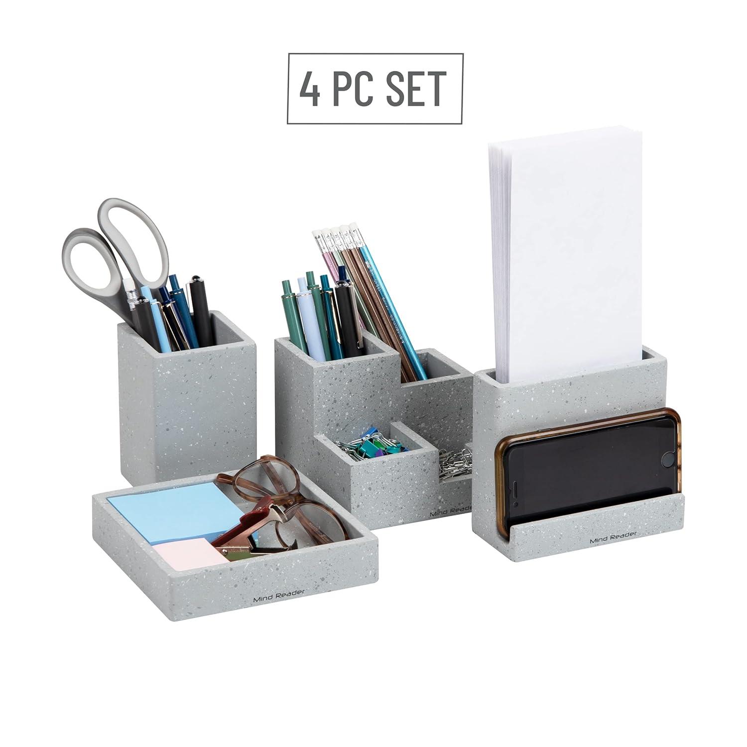 image:imageMind Reader Desktop Organizer Set 4 Pcs Pen Cup Catch All Tray Phone Holder Office Cement 5 L x 5 W x 4 H Gray