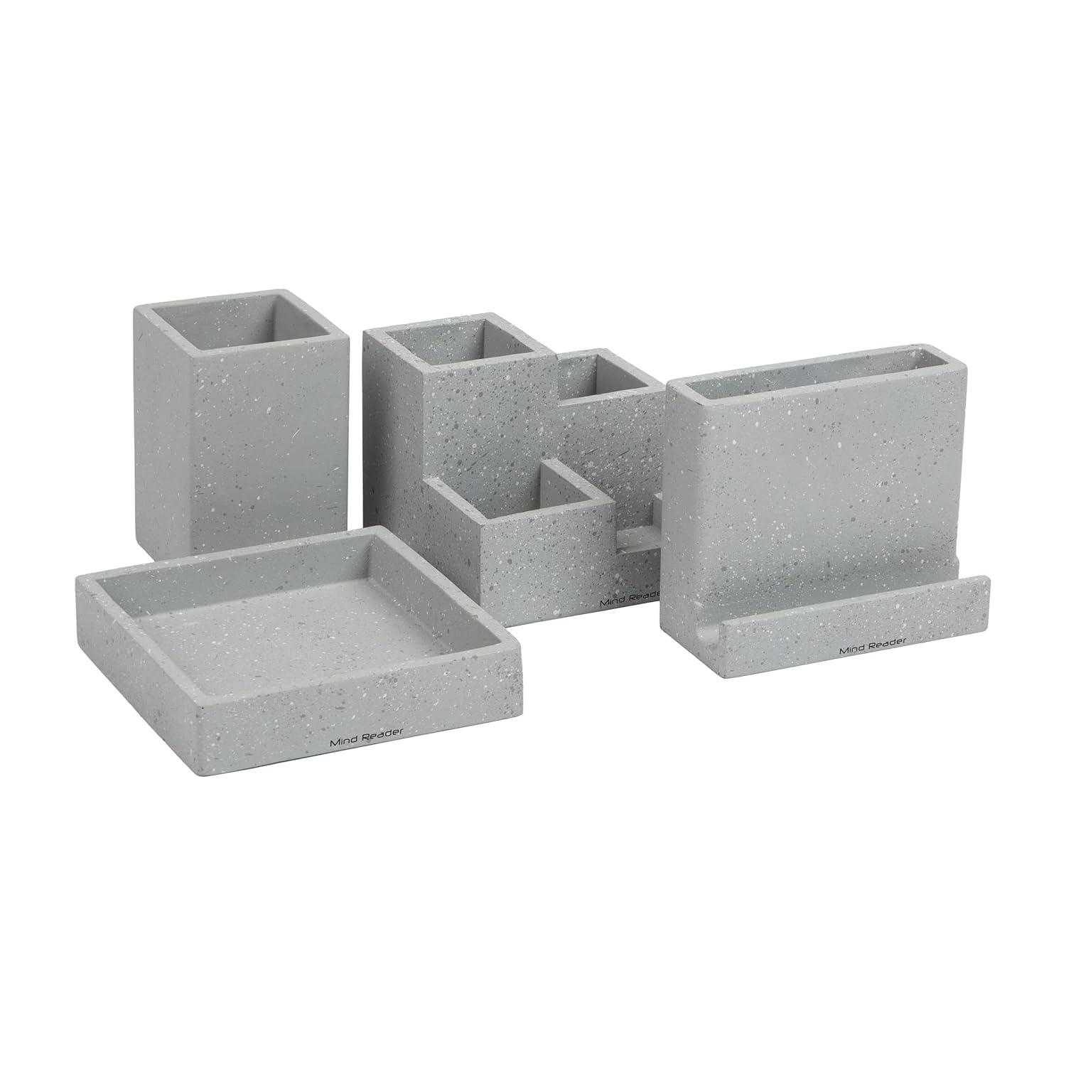image:imageMind Reader Desktop Organizer Set 4 Pcs Pen Cup Catch All Tray Phone Holder Office Cement 5 L x 5 W x 4 H Gray
