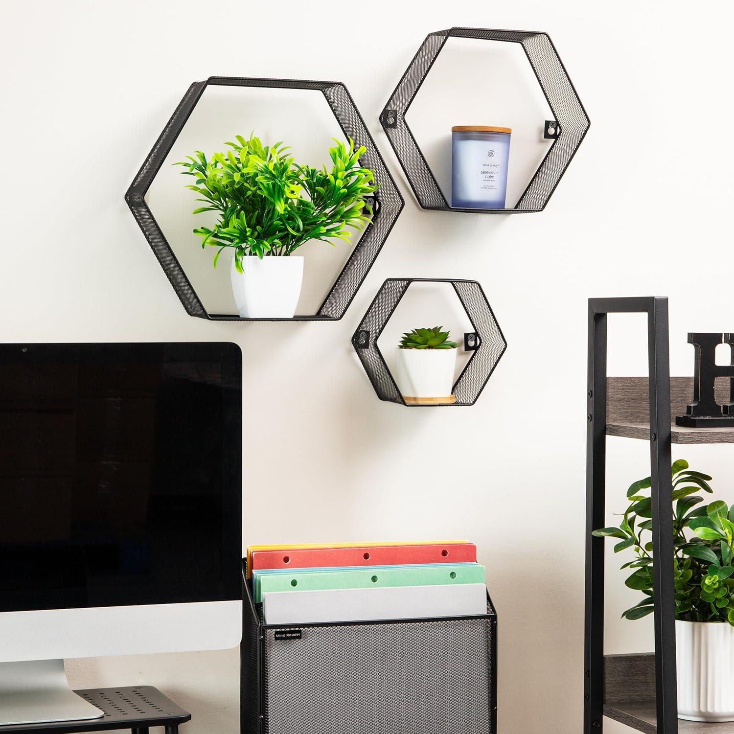 image:imageMind Reader Hexagon Floating Shelves Wall Decor Honeycomb Accent Shelf Office Metal Mesh 14 L x 4 W x 12 H Set of 3 BlackBlack