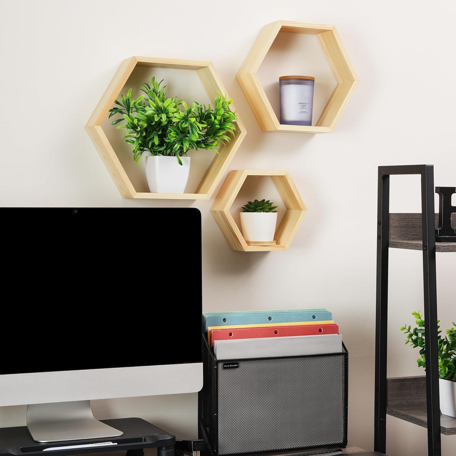 image:imageMind Reader Hexagon Floating Shelves Wall Decor Honeycomb Accent Shelf Office Metal Mesh 14 L x 4 W x 12 H Set of 3 BlackBrown