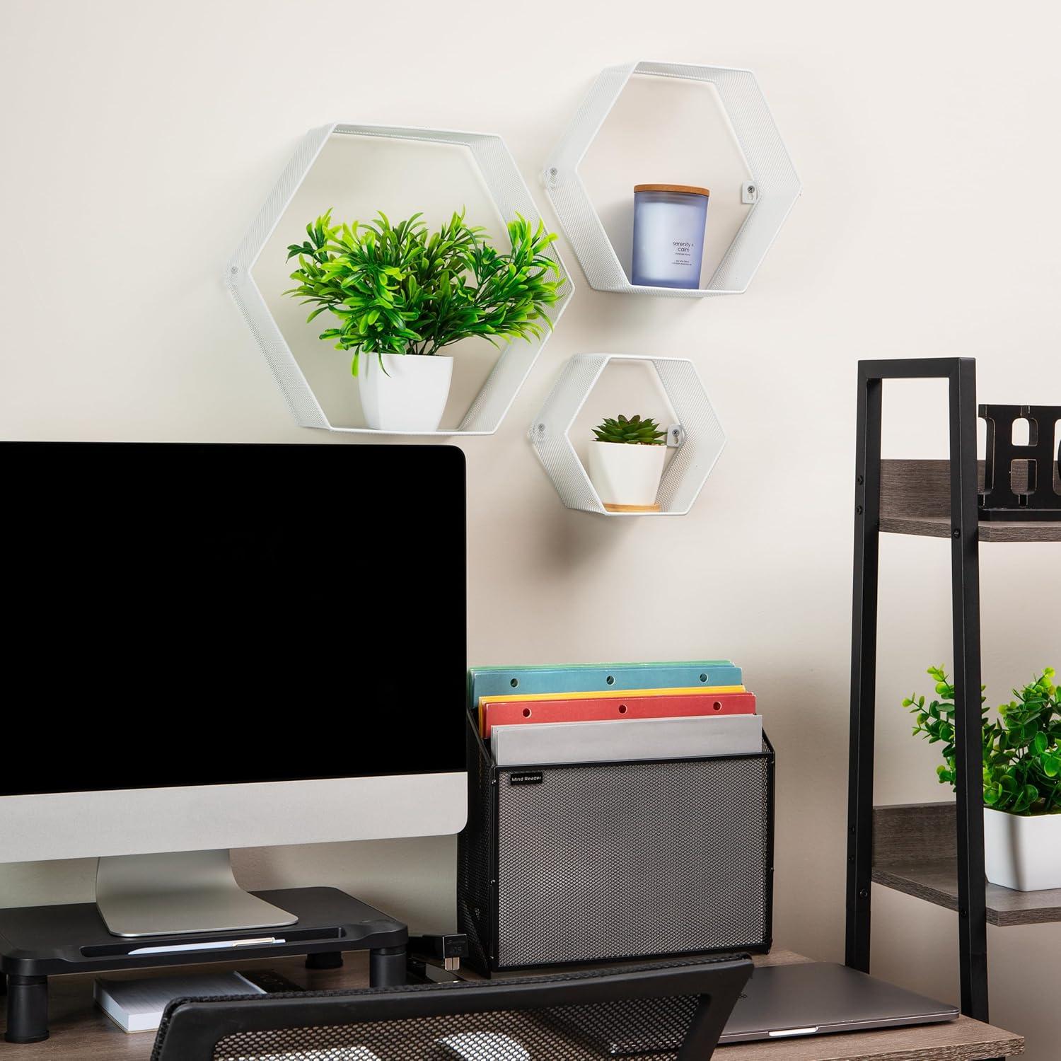 image:imageMind Reader Hexagon Floating Shelves Wall Decor Honeycomb Accent Shelf Office Metal Mesh 14 L x 4 W x 12 H Set of 3 BlackWhite