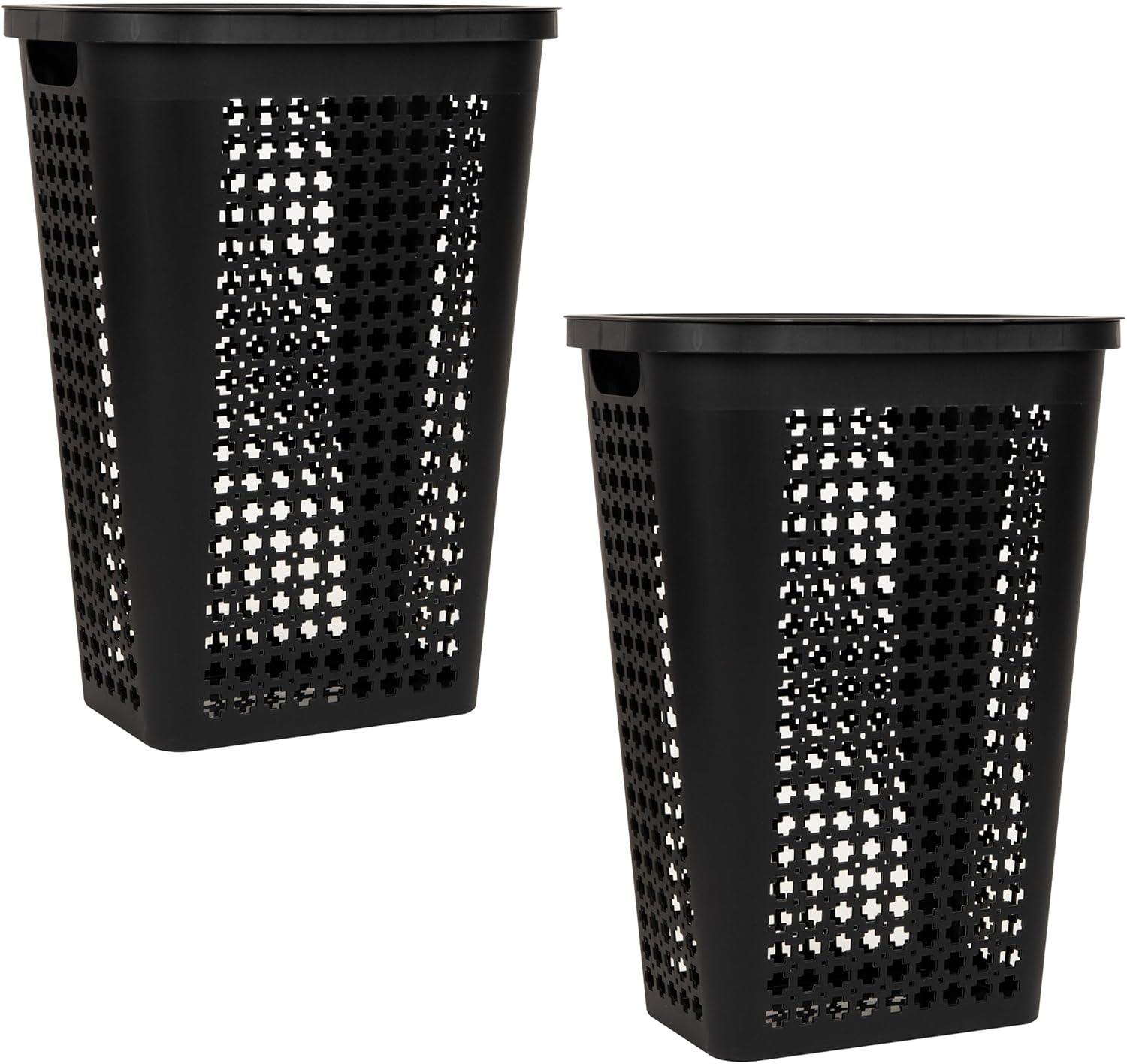 image:imageMind Reader Slim Tapered Laundry Hampers with Lid Clothes Basket with Swiss Cross CutOuts Lightweight amp Ventilated Plastic Set of 2 Black
