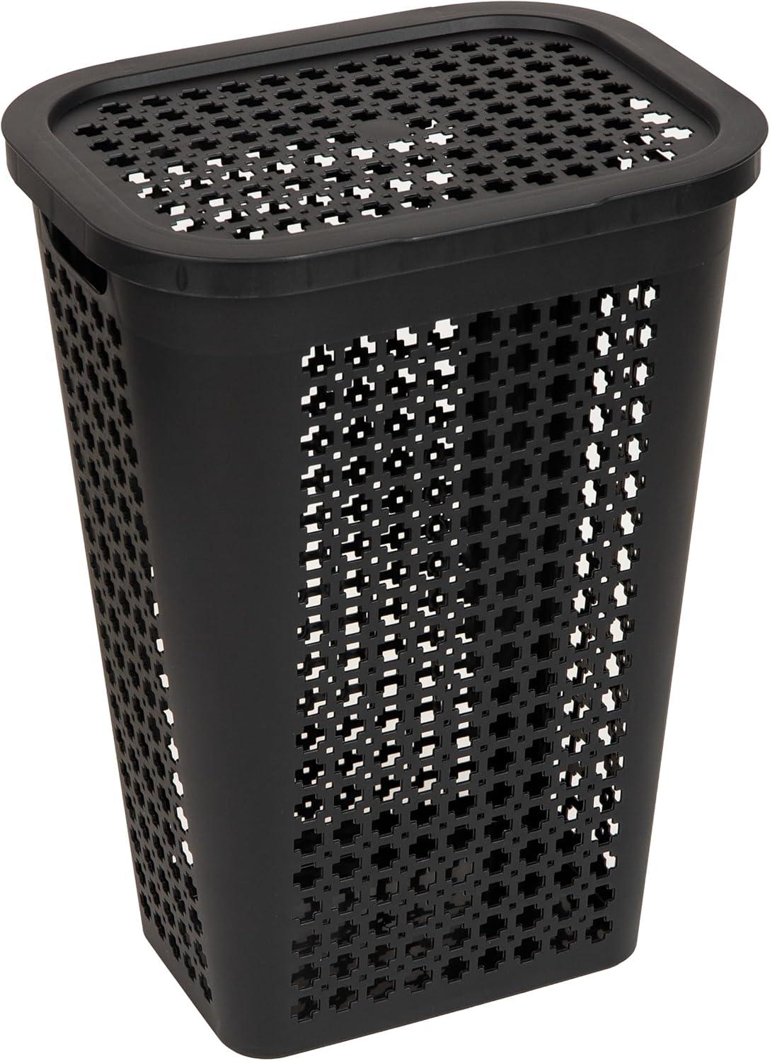 image:imageMind Reader Slim Tapered Laundry Hampers with Lid Clothes Basket with Swiss Cross CutOuts Lightweight amp Ventilated Plastic Set of 2 Black