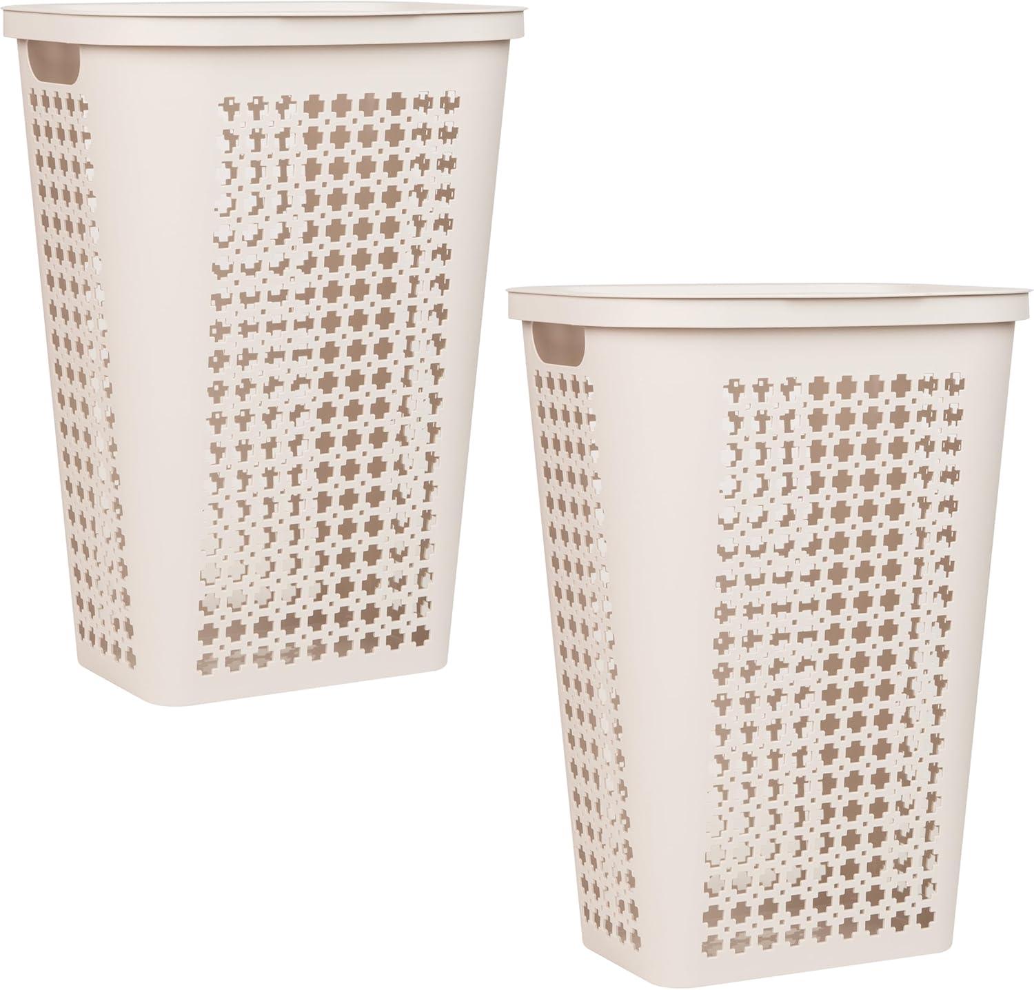 image:imageMind Reader Slim Tapered Laundry Hampers with Lid Clothes Basket with Swiss Cross CutOuts Lightweight amp Ventilated Plastic Set of 2 Ivory