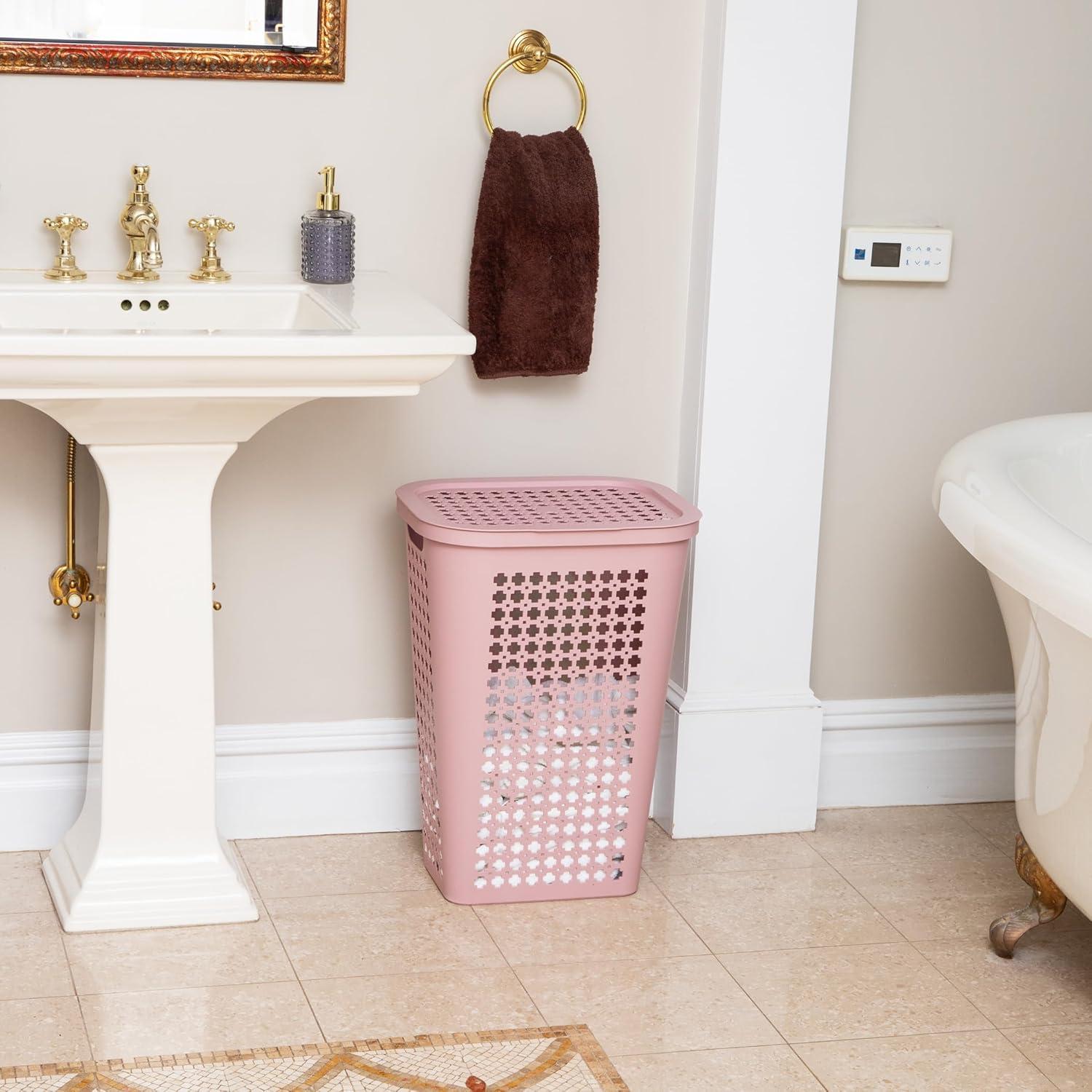 image:imageMind Reader Slim Tapered Laundry Hampers with Lid Clothes Basket with Swiss Cross CutOuts Lightweight amp Ventilated Plastic Set of 2 Pink