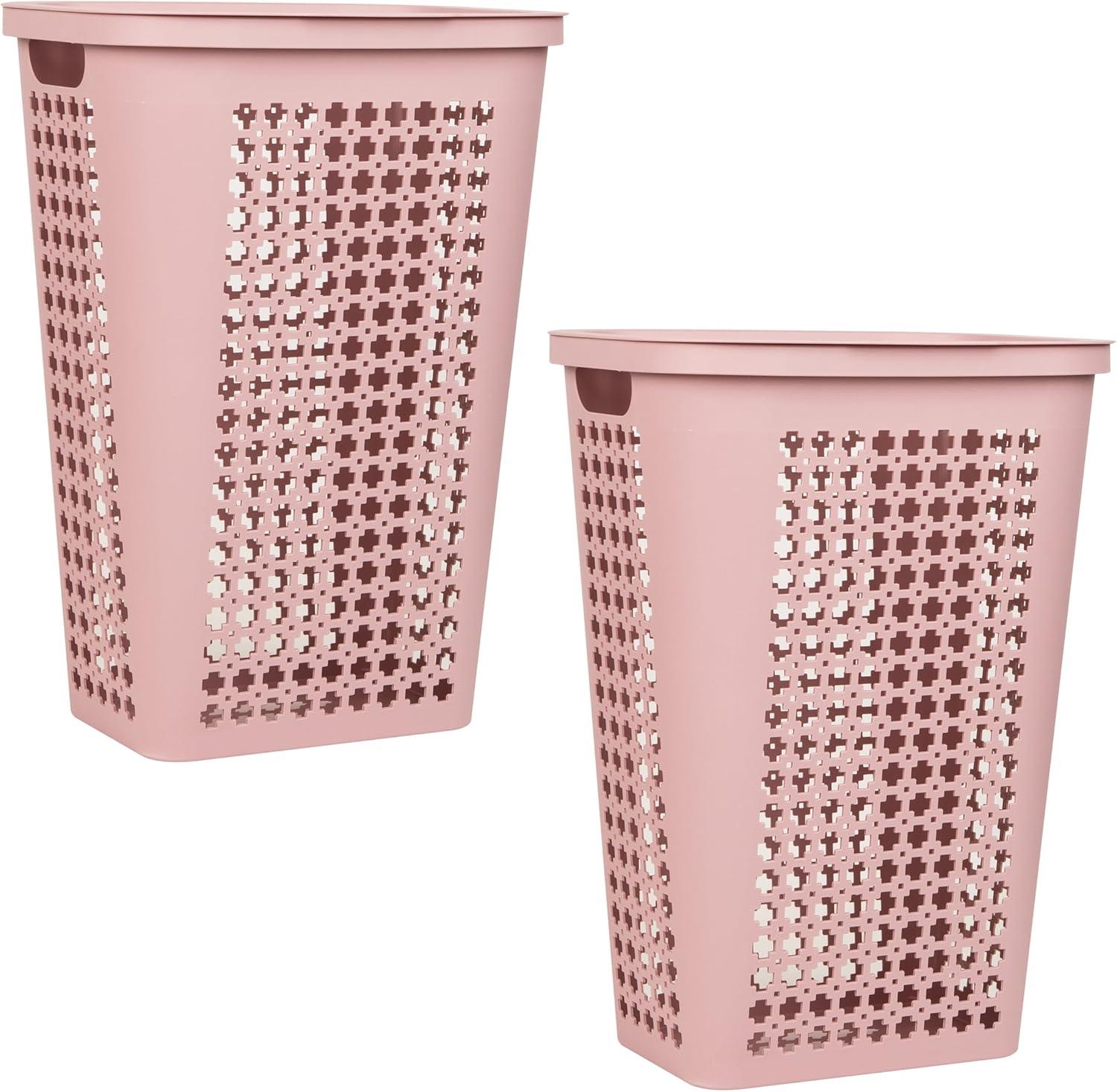 image:imageMind Reader Slim Tapered Laundry Hampers with Lid Clothes Basket with Swiss Cross CutOuts Lightweight amp Ventilated Plastic Set of 2 Pink