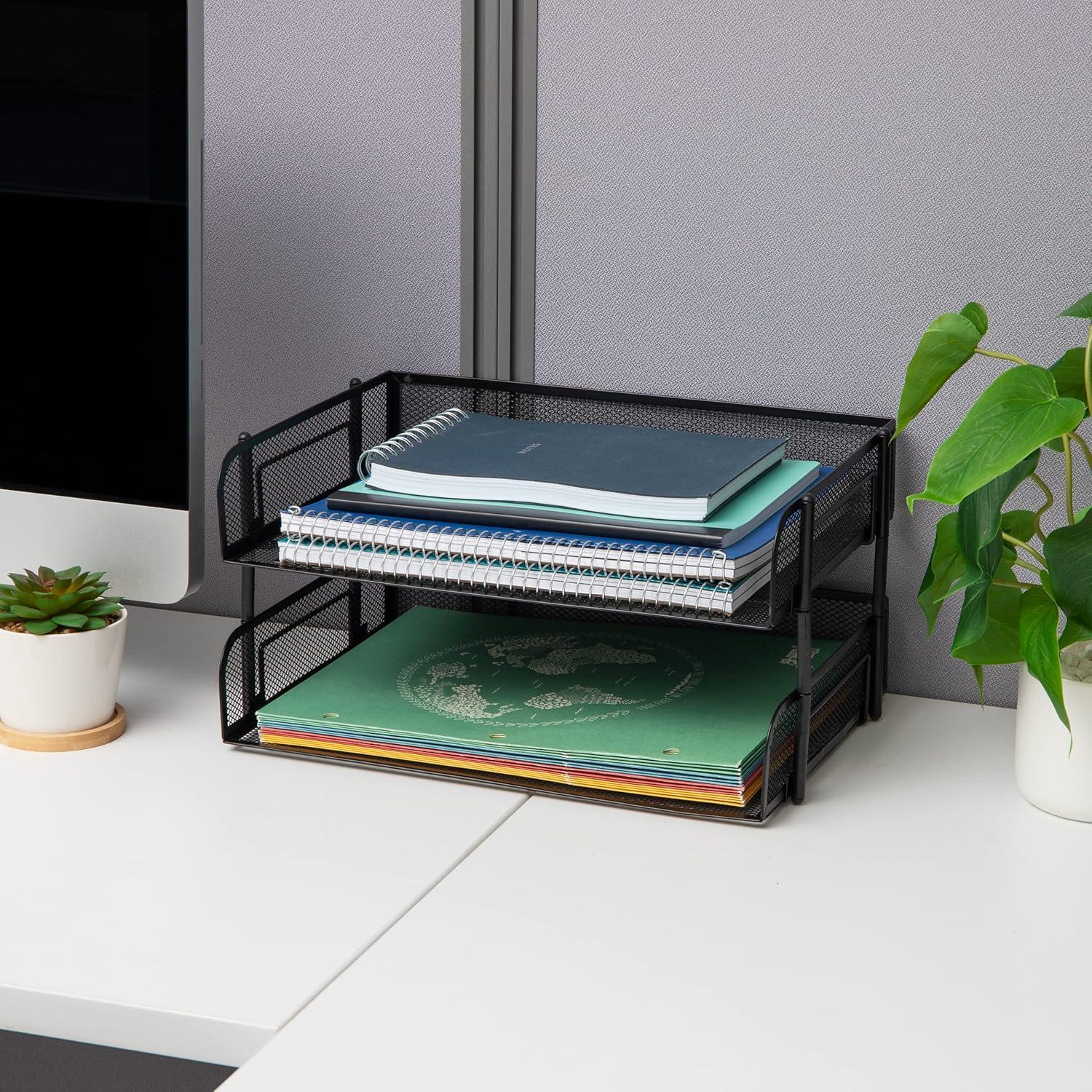 image:imageMind Reader Stackable Paper Tray Desktop Organizer File Storage Office Metal Mesh 135 L x 10 W x 725 H 2 Pcs WhiteBlack