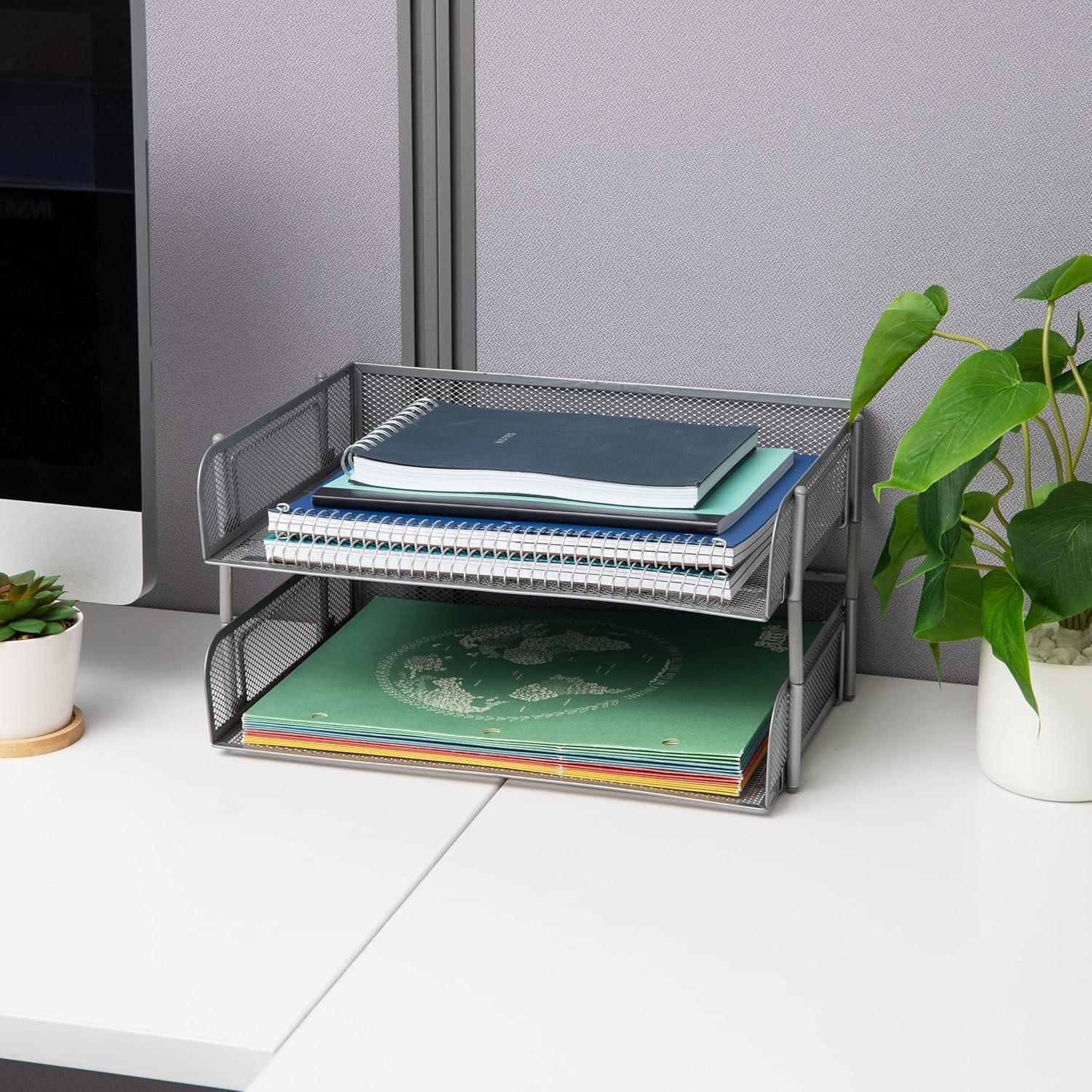 image:imageMind Reader Stackable Paper Tray Desktop Organizer File Storage Office Metal Mesh 135 L x 10 W x 725 H 2 Pcs WhiteSilver