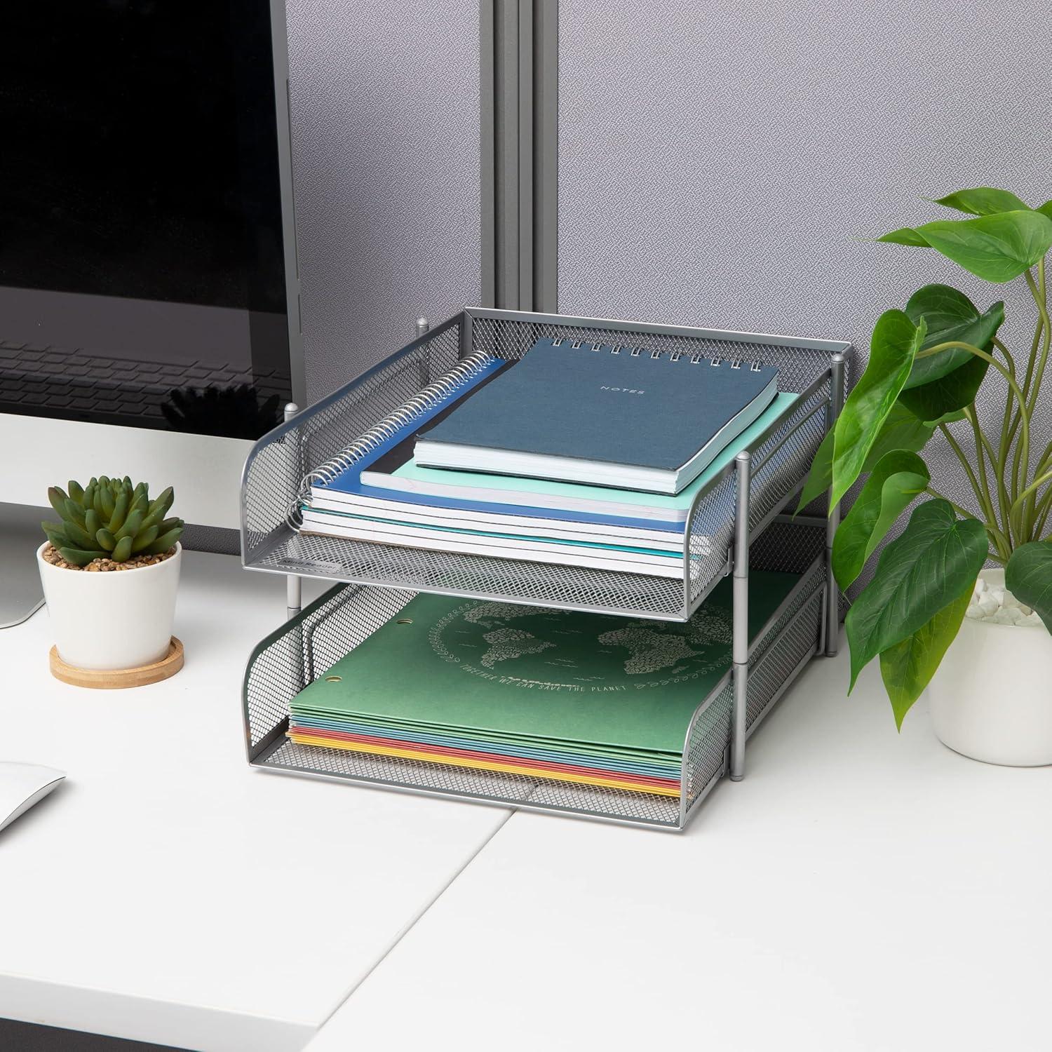 image:imageMind Reader Stackable Paper Tray Desktop Organizer File Storage Office Metal Mesh 2 Pcs PinkSilver