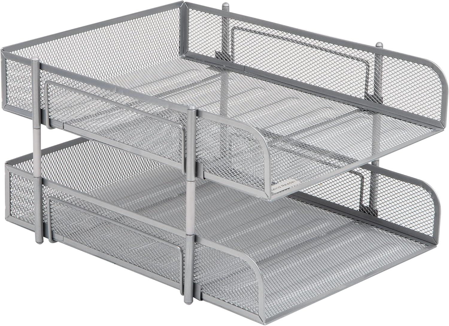 image:imageMind Reader Stackable Paper Tray Desktop Organizer File Storage Office Metal Mesh 2 Pcs PinkSilver