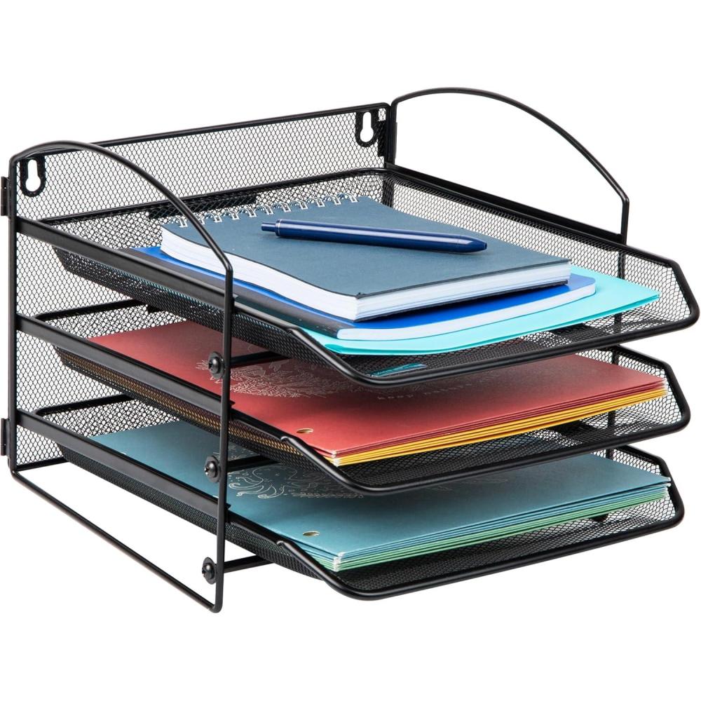 image:imageMind Reader 3Tier Paper Tray File Storage Desktop Organizer Wall Mountable File Organization Metal Mesh Black3Tier