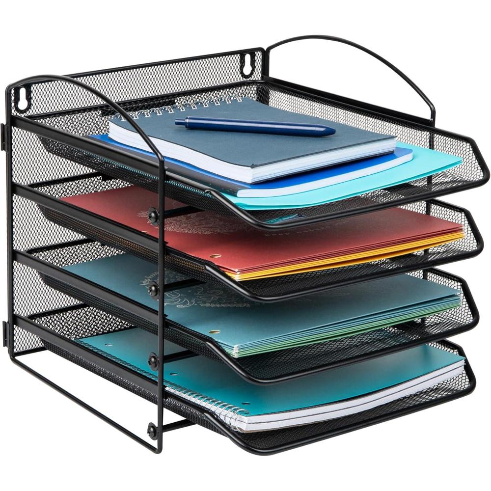 image:imageMind Reader 3Tier Paper Tray File Storage Desktop Organizer Wall Mountable File Organization Metal Mesh Black4Tier