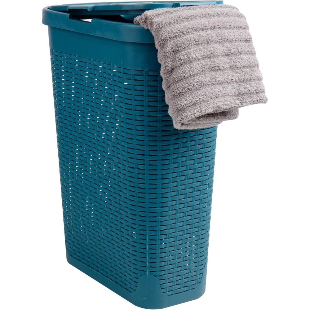 image:imageMind Reader 40L Slim Laundry Hamper Clothes Basket Lid Wicker Design Plastic 18L x 104W x 235H Blue
