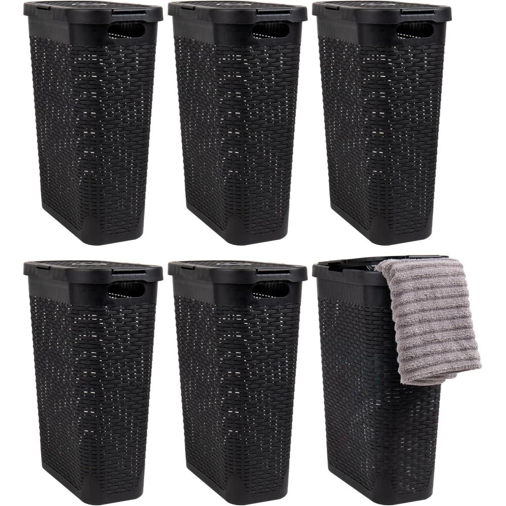 image:imageMind Reader 40L Slim Laundry Hamper Clothes Basket Lid Wicker Design Plastic 18L x 104W x 235H Set of 6 Black