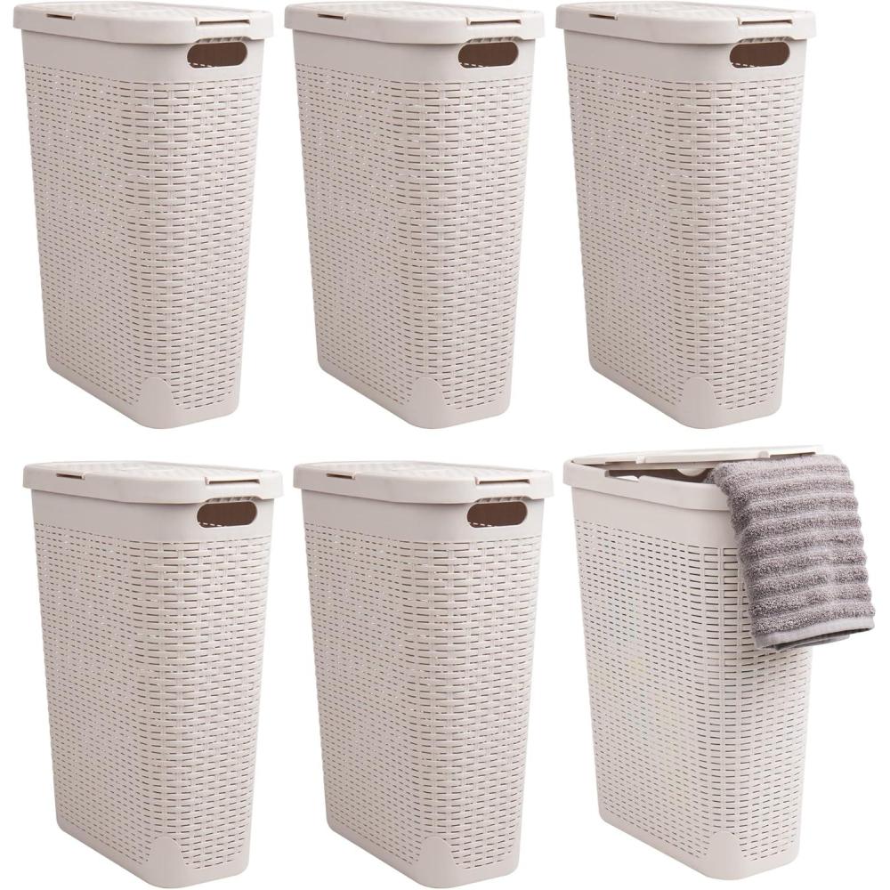 image:imageMind Reader 40L Slim Laundry Hamper Clothes Basket Lid Wicker Design Plastic 18L x 104W x 235H Set of 6 Ivory