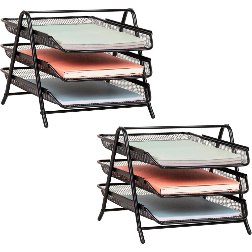 image:imageMind Reader 4Tier Paper Tray Desktop Organizer File Storage Office Metal Mesh 12 L x 1375 W x 125 H Pack of 2 Black2 Pack