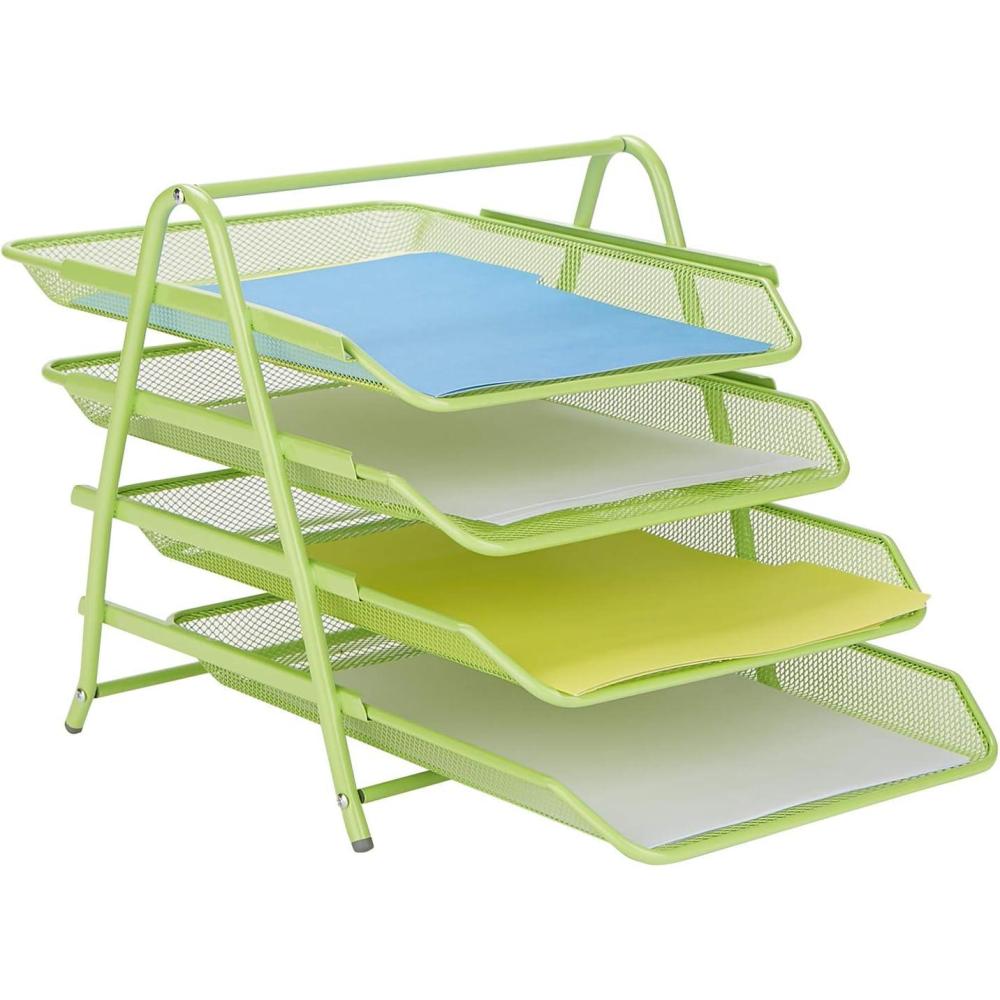 image:imageMind Reader 4Tier Paper Tray Desktop Organizer File Storage Workspace Office Metal Mesh 1175 L x 1375 W x 125 H PinkGreen