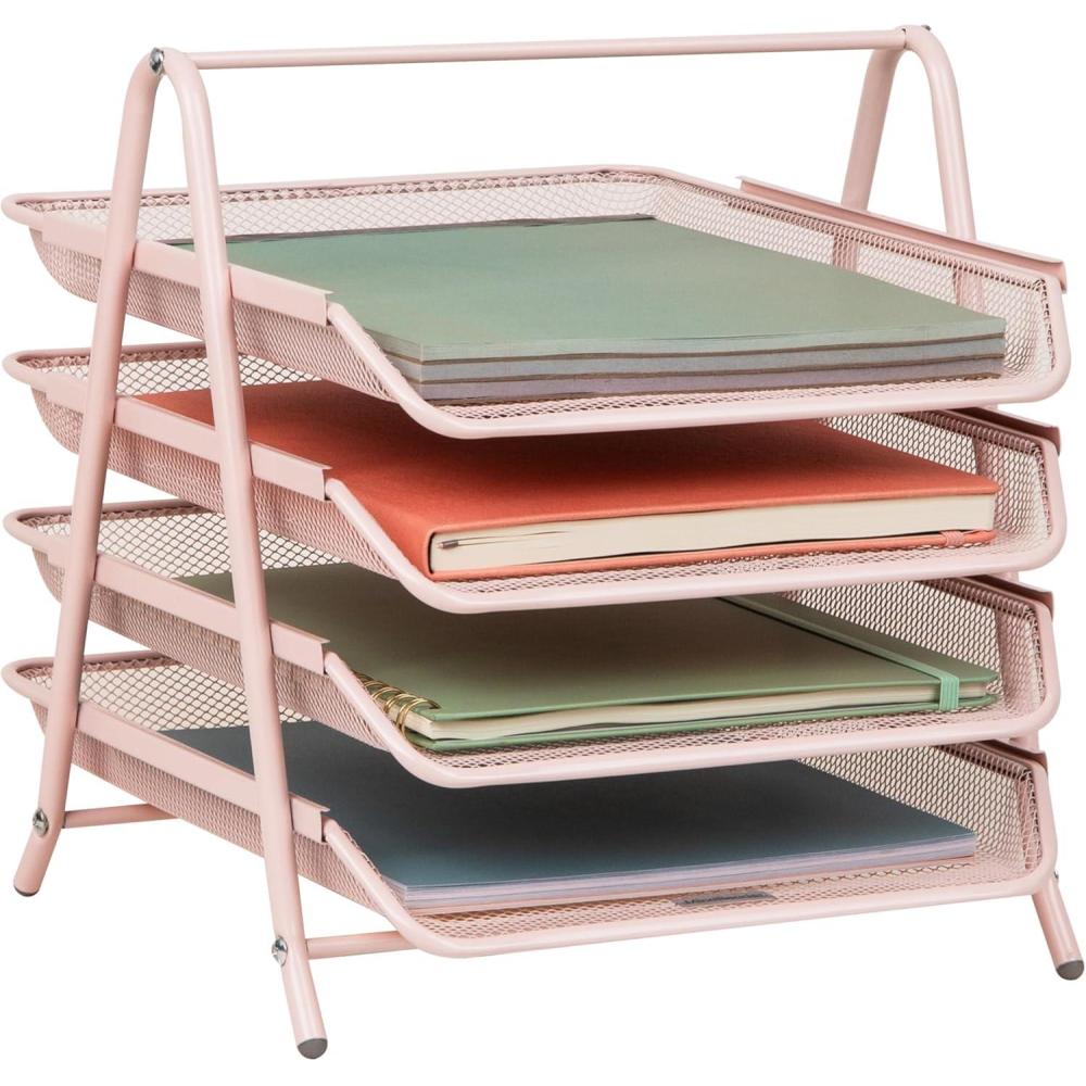 image:imageMind Reader 4Tier Paper Tray Desktop Organizer File Storage Workspace Office Metal Mesh 1175 L x 1375 W x 125 H PinkPink