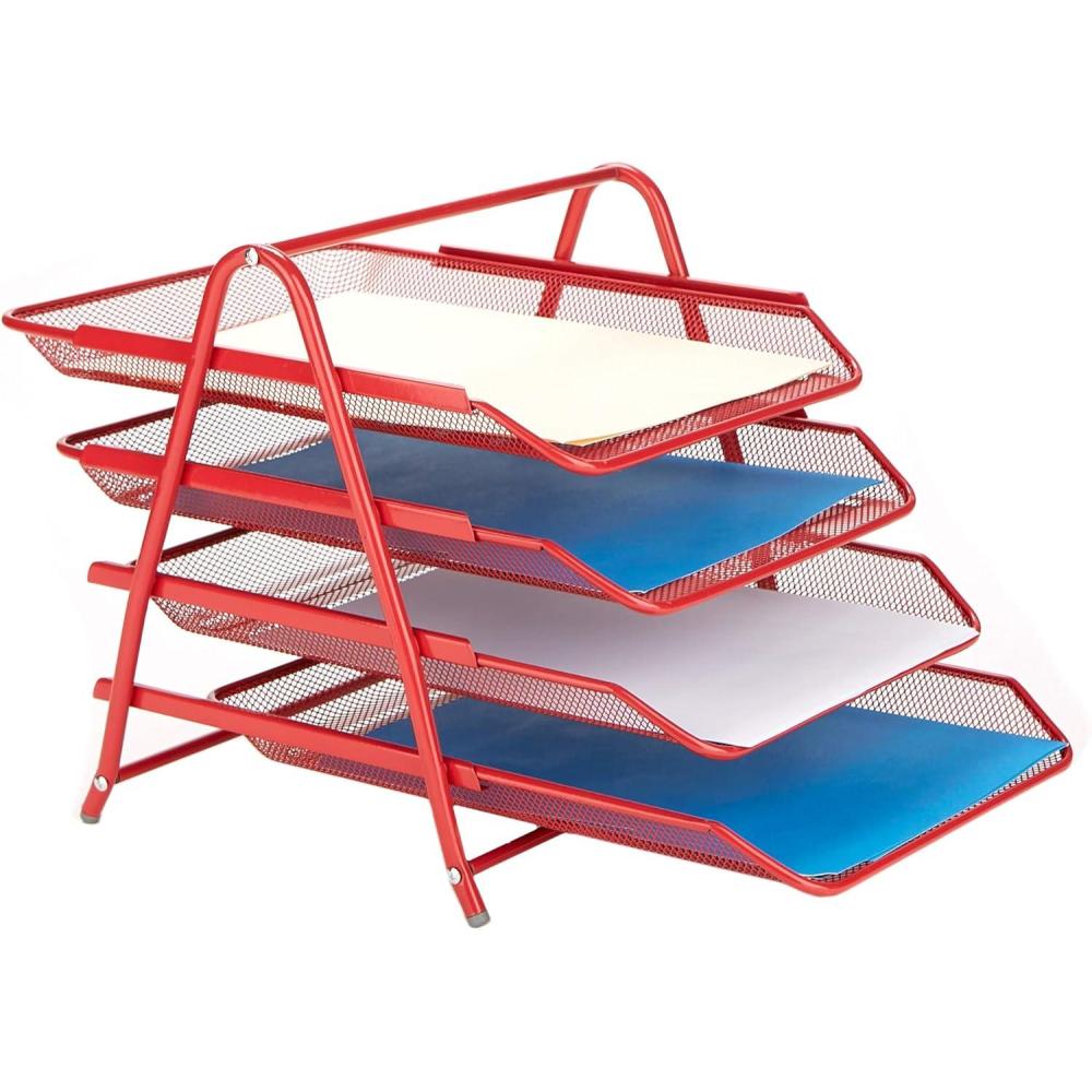 image:imageMind Reader 4Tier Paper Tray Desktop Organizer File Storage Workspace Office Metal Mesh 1175 L x 1375 W x 125 H PinkRed