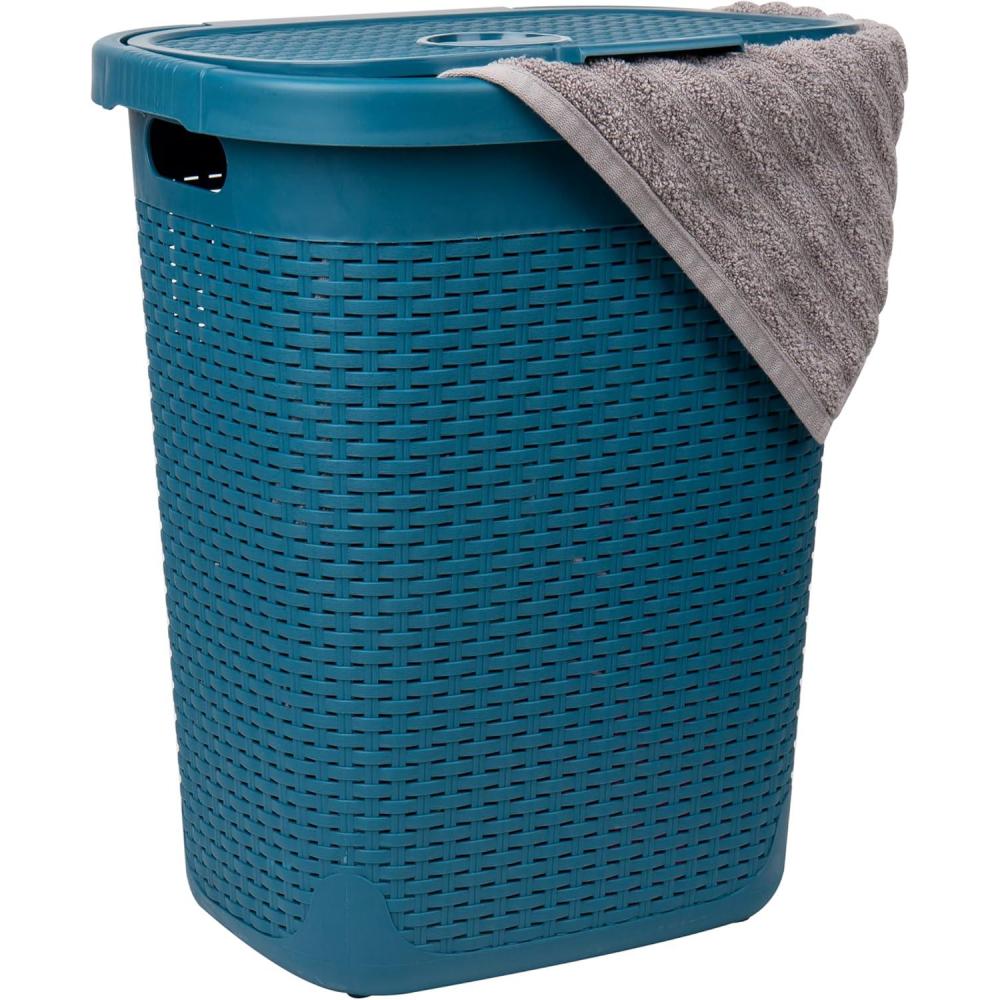 image:imageMind Reader 50L Slim Laundry Hamper Clothes Basket Lid Wicker Design Plastic 1765L x 1375W x 21H BlueBlue