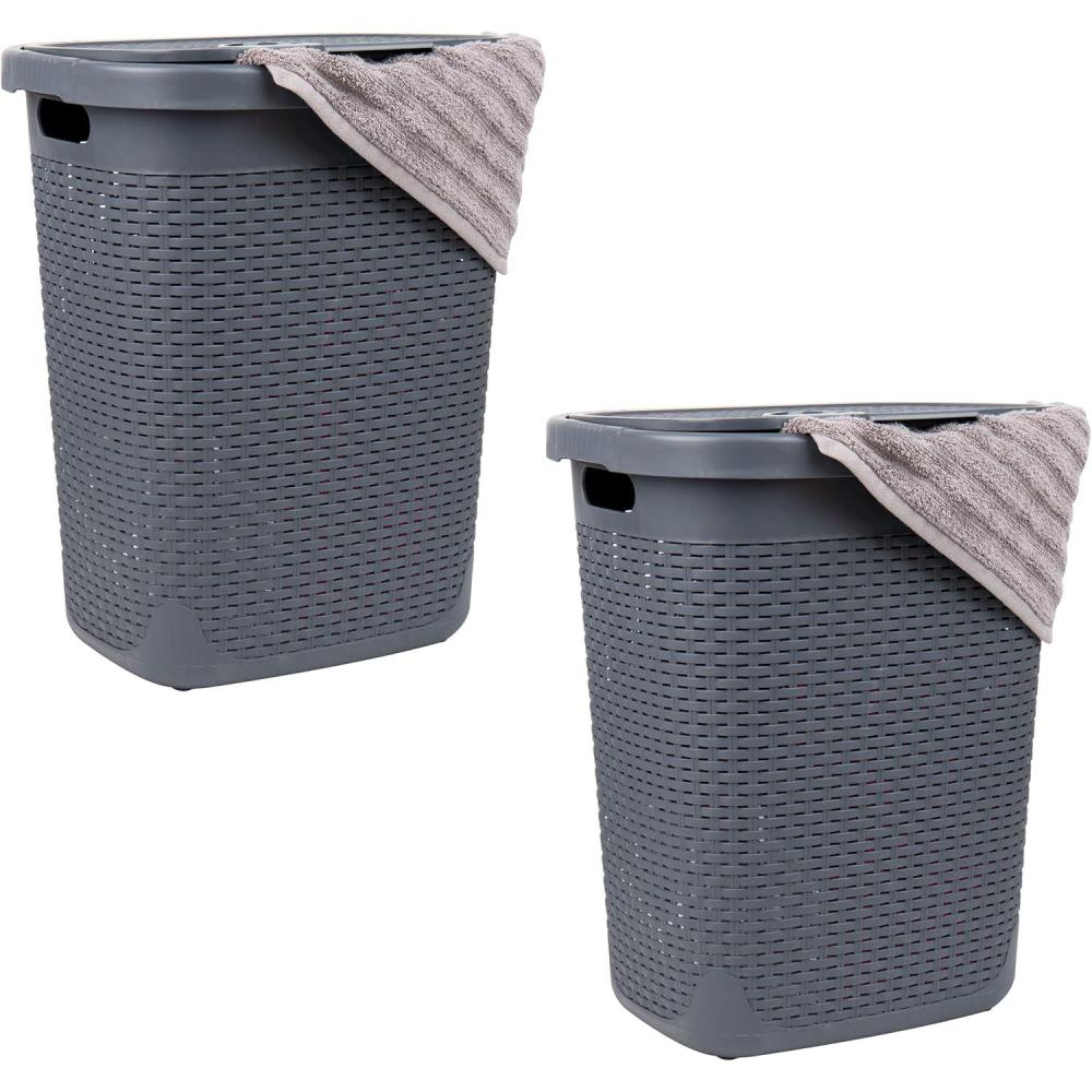 image:imageMind Reader 50L Slim Laundry Hamper Clothes Basket Lid Wicker Design Plastic 1765L x 1375W x 21H BlueGray