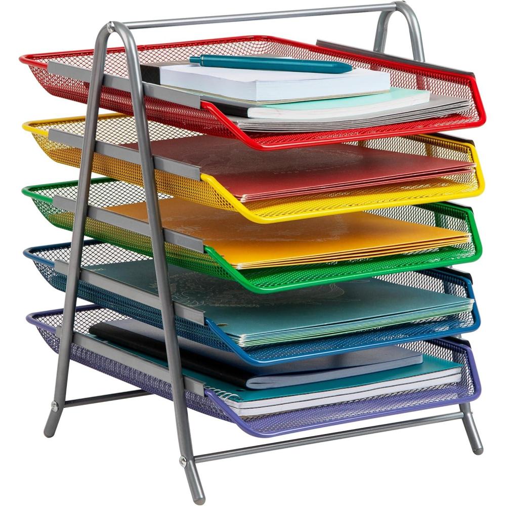 image:imageMind Reader 5Tier Paper Tray Organizer with Multicolor Trays Classroom File Organizer for Teachers Metal Mesh Assorted ColorsAssorted Colors