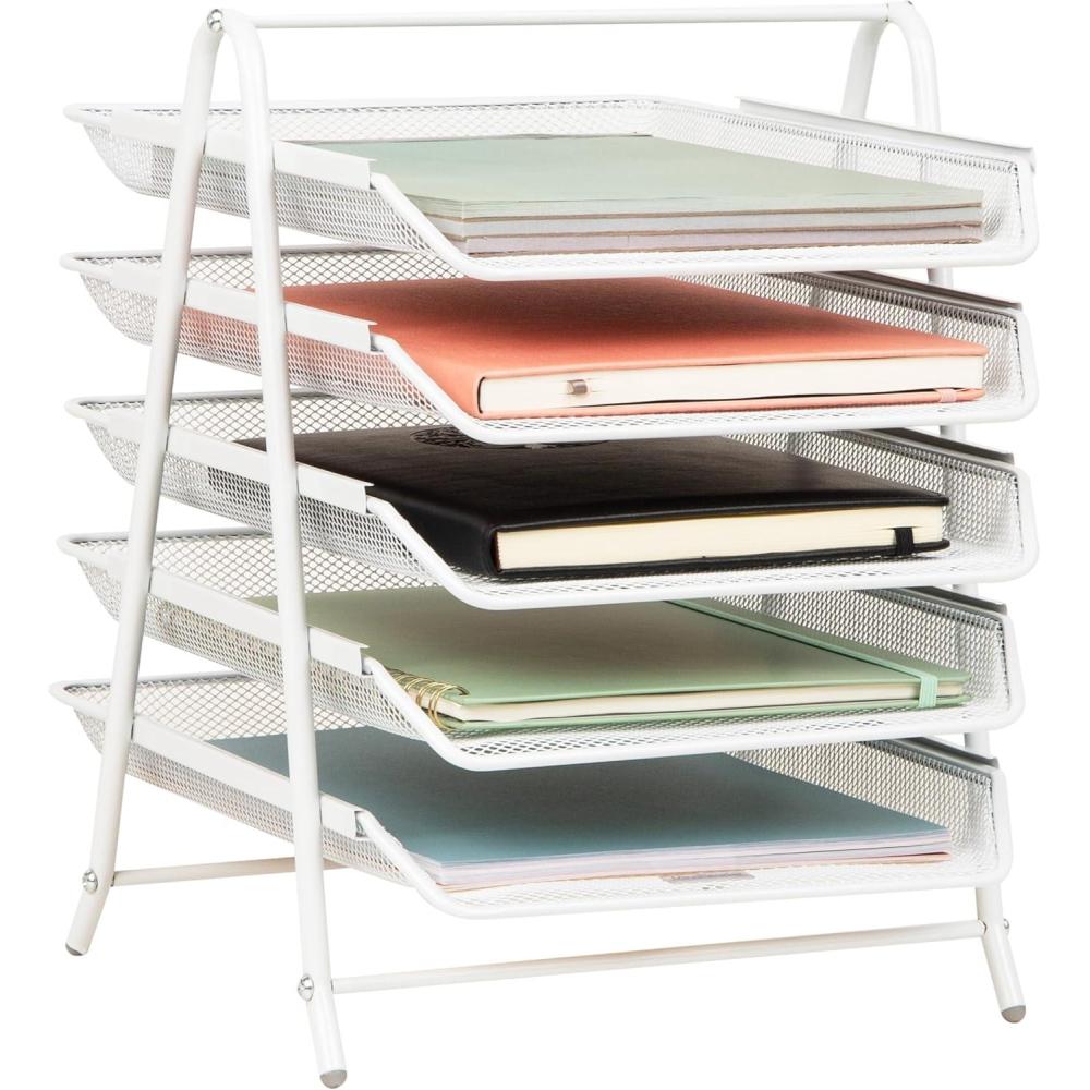 image:imageMind Reader 5Tier Paper Tray Organizer with Multicolor Trays Classroom File Organizer for Teachers Metal Mesh Assorted ColorsWhite
