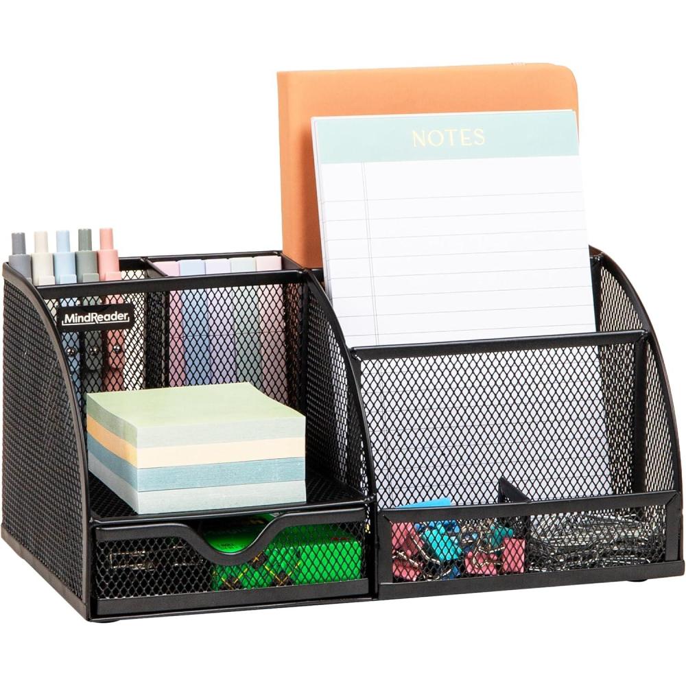 image:imageMind Reader 7Compartment Desktop Organizer File amp Accessory Storage Metal Mesh Office Organizer for Desk Workspace Mail PinkBlack