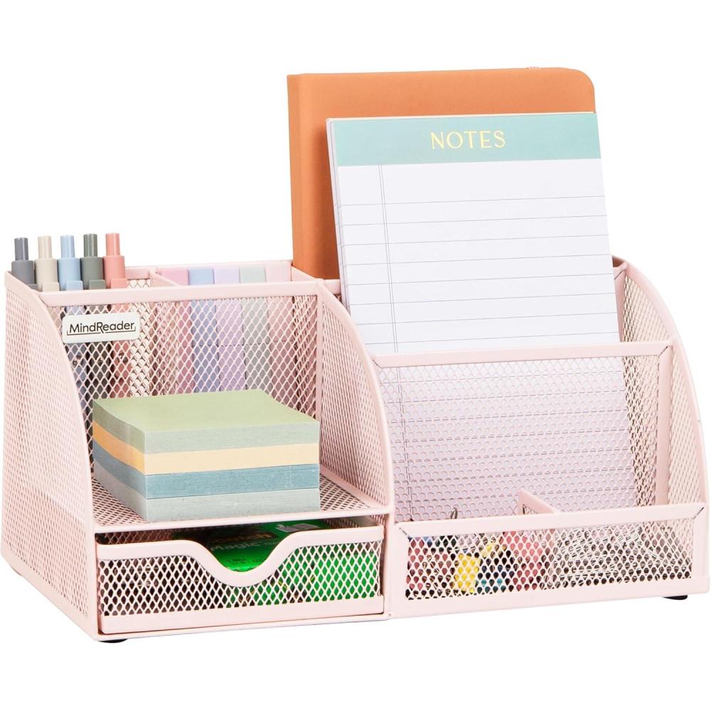 image:imageMind Reader 7Compartment Desktop Organizer File amp Accessory Storage Metal Mesh Office Organizer for Desk Workspace Mail PinkPink