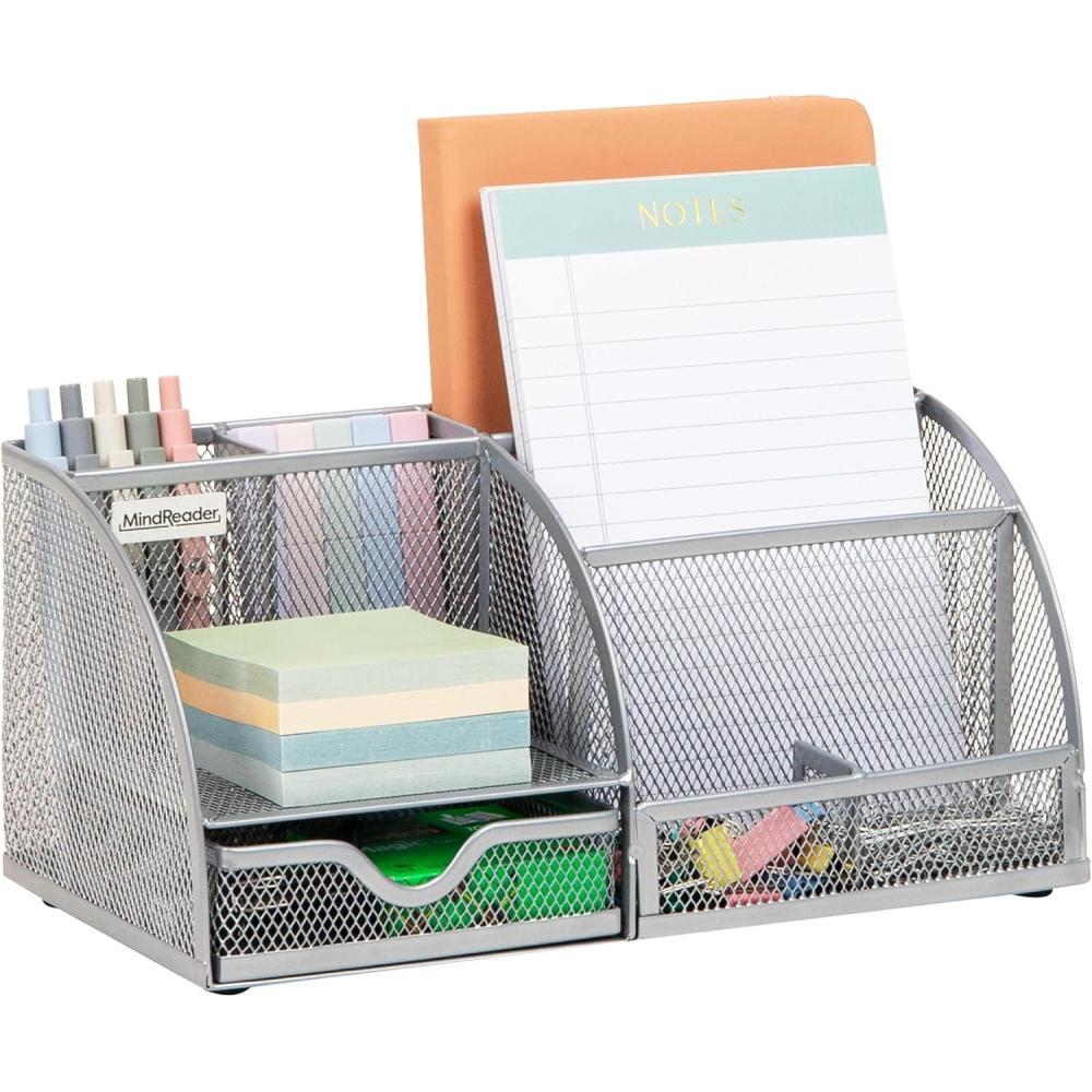 image:imageMind Reader 7Compartment Desktop Organizer File amp Accessory Storage Metal Mesh Office Organizer for Desk Workspace Mail PinkSilver