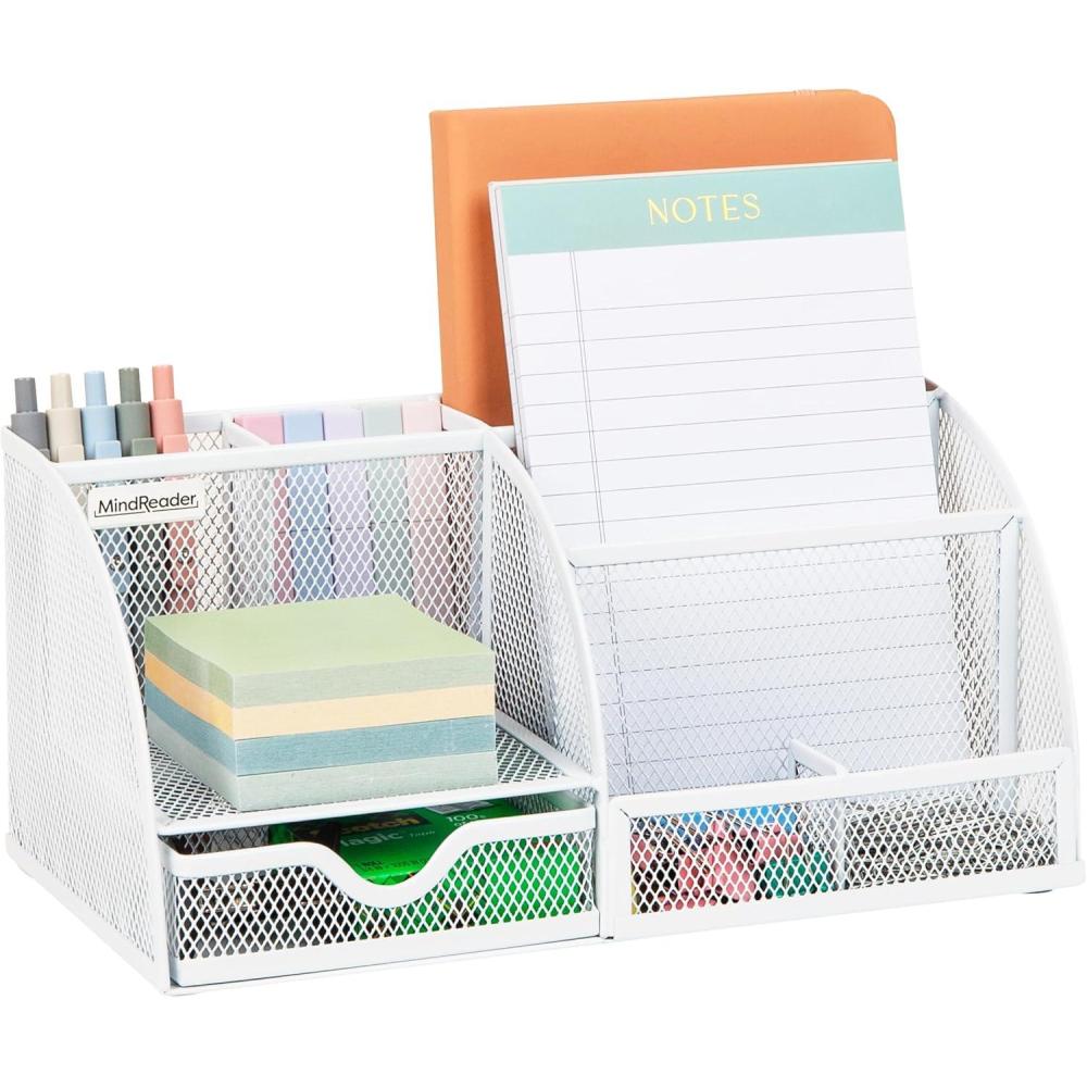 image:imageMind Reader 7Compartment Desktop Organizer File amp Accessory Storage Metal Mesh Office Organizer for Desk Workspace Mail PinkWhite