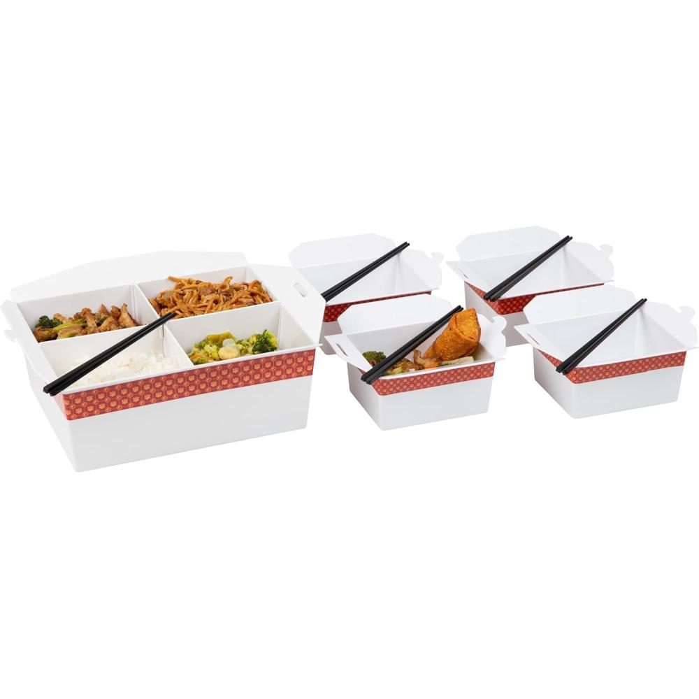 image:imageMind Reader Chinese Take Out Serving Set Divided Serving Tray 4 Bowls Melamine 15 L x 13 W x 55 H 5 pcs White