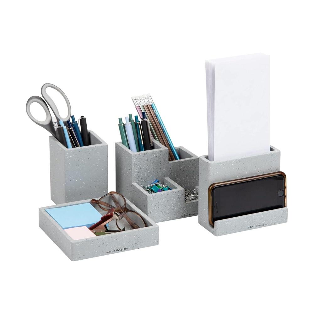 image:imageMind Reader Desktop Organizer Set 4 Pcs Pen Cup Catch All Tray Phone Holder Office Cement 5 L x 5 W x 4 H Gray