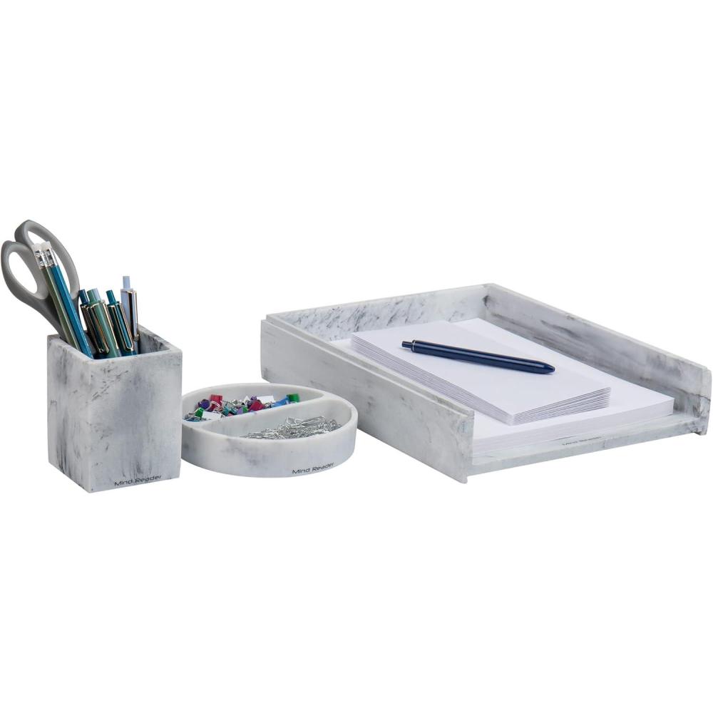 image:imageMind Reader Desktop Set 3 Pcs Pen Cup CatchAll Dish Paper Tray Office Resin 1025 L x 1225 W x 25 H White