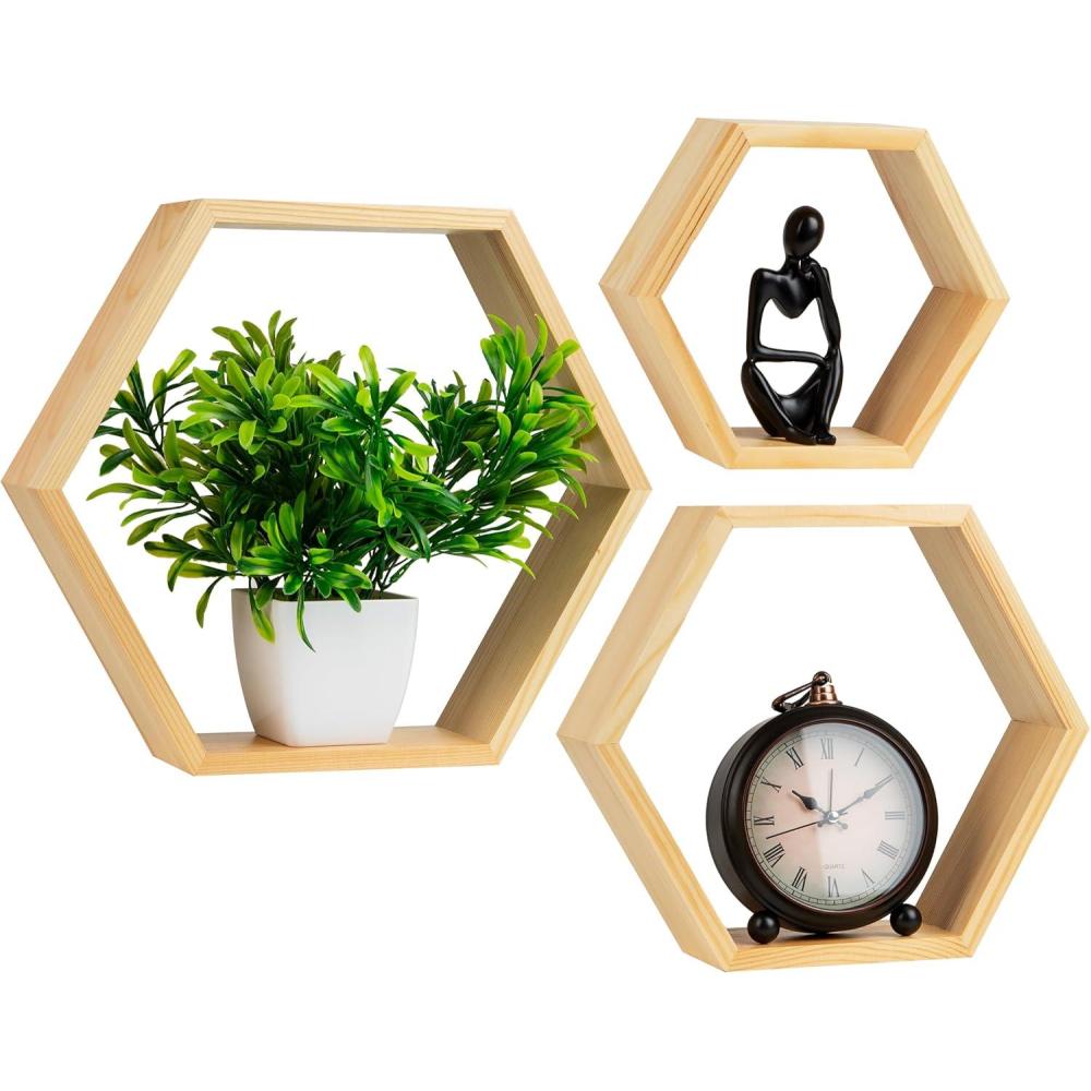image:imageMind Reader Hexagon Floating Shelves Wall Decor Honeycomb Accent Shelf Office Metal Mesh 14 L x 4 W x 12 H Set of 3 BlackBrown