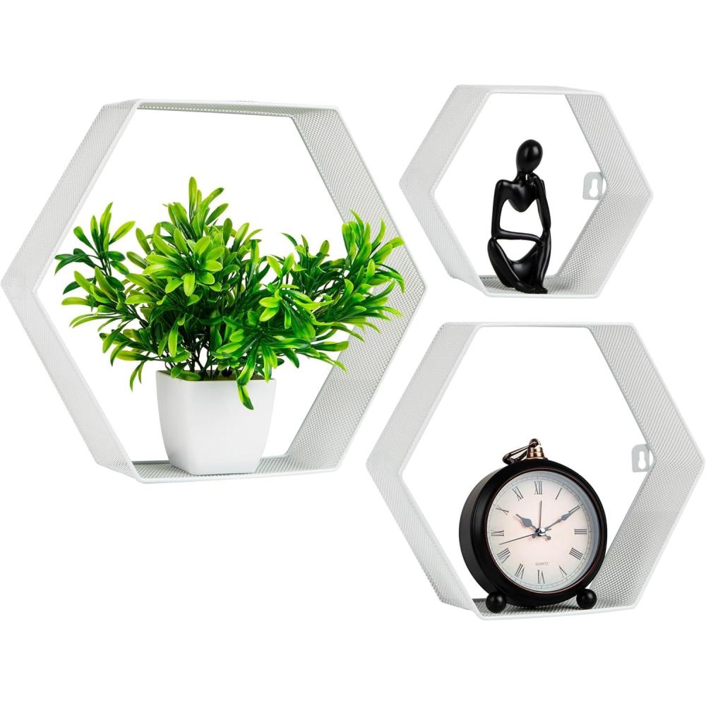 image:imageMind Reader Hexagon Floating Shelves Wall Decor Honeycomb Accent Shelf Office Metal Mesh 14 L x 4 W x 12 H Set of 3 BlackWhite