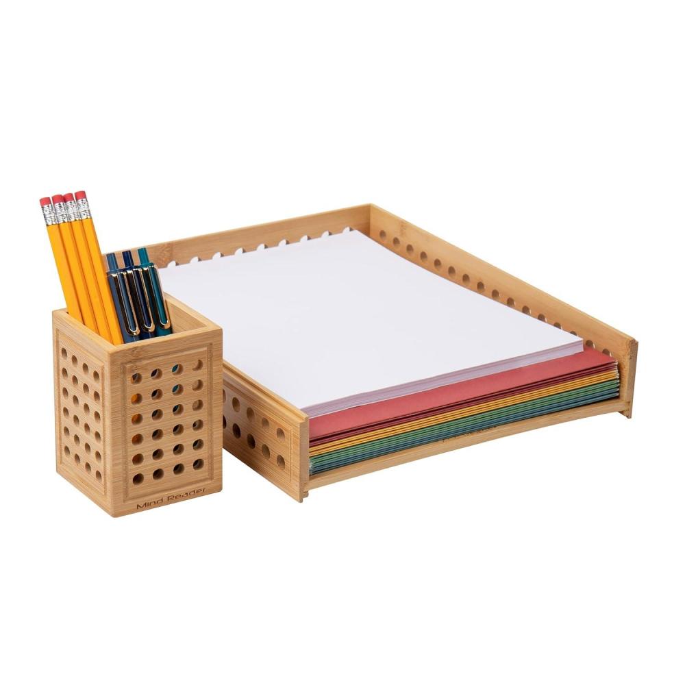 image:imageMind Reader Paper Tray and Pen Cup Set 2 Pcs Desktop Organizer Office Rayon from Bamboo 10 L x 125 W x 225 H Brown