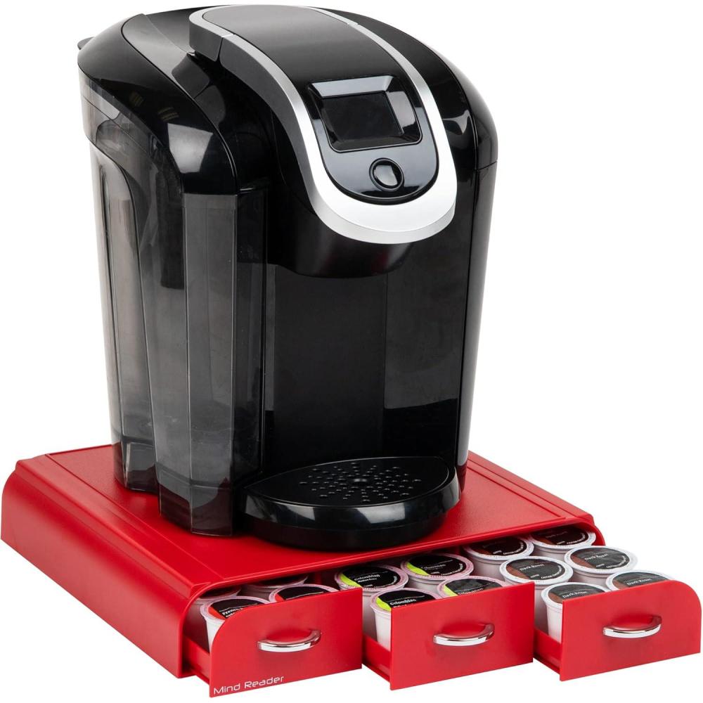 image:imageMind Reader Single Serve Coffee Pod Organizer with 3 Drawers 36 Pod Capacity Countertop 135L x 1225W x 25H SilverRed 2