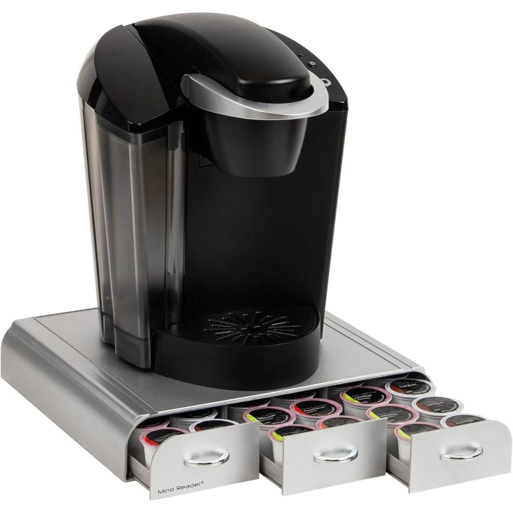 image:imageMind Reader Single Serve Coffee Pod Organizer with 3 Drawers 36 Pod Capacity Countertop 135L x 1225W x 25H SilverSilver