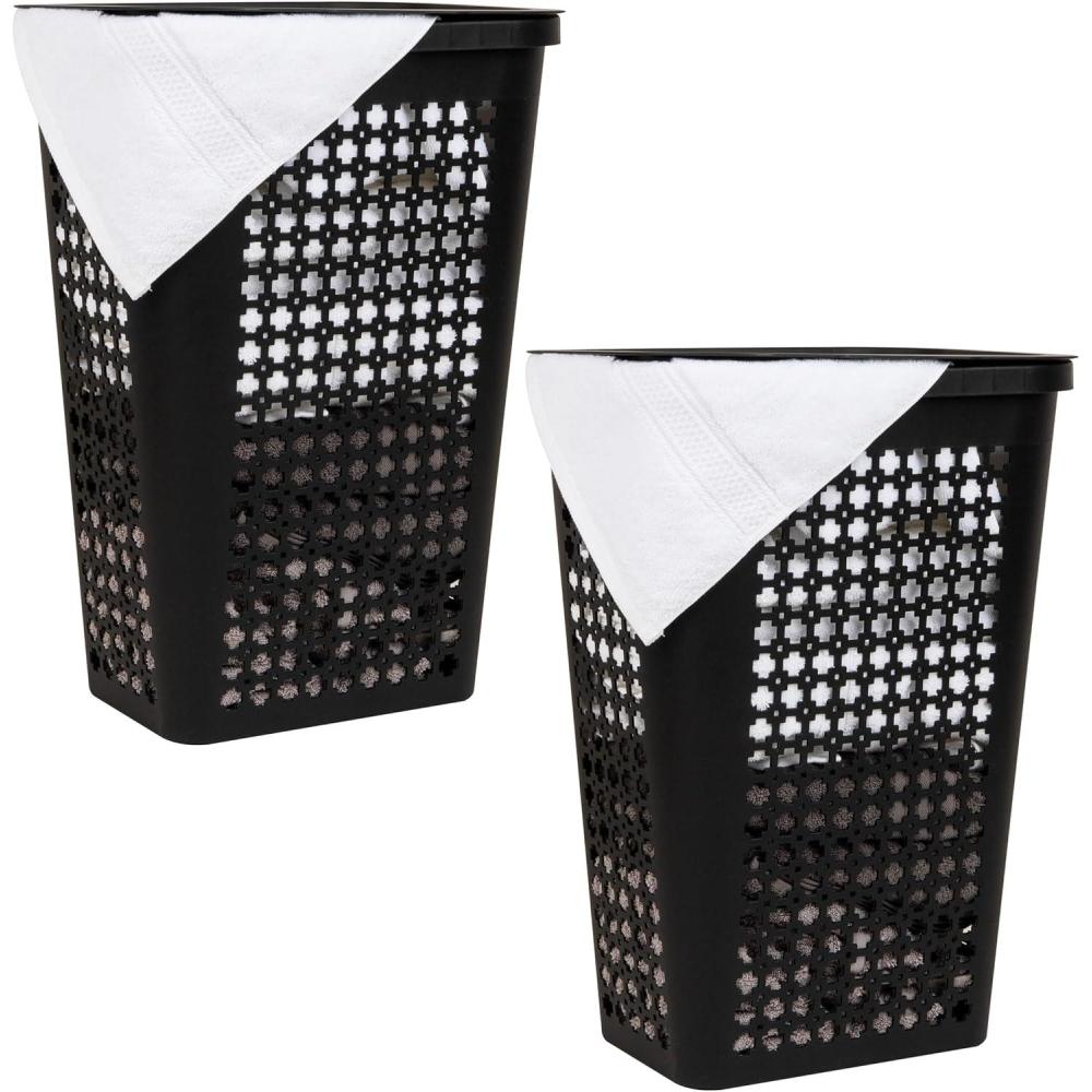image:imageMind Reader Slim Tapered Laundry Hampers with Lid Clothes Basket with Swiss Cross CutOuts Lightweight amp Ventilated Plastic Set of 2 Black