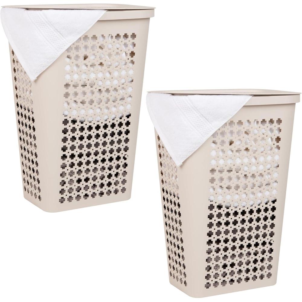 image:imageMind Reader Slim Tapered Laundry Hampers with Lid Clothes Basket with Swiss Cross CutOuts Lightweight amp Ventilated Plastic Set of 2 Ivory