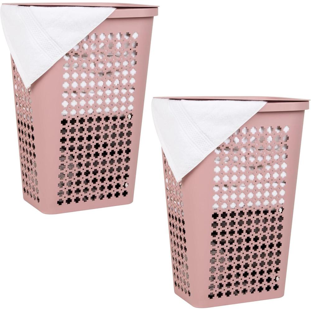 image:imageMind Reader Slim Tapered Laundry Hampers with Lid Clothes Basket with Swiss Cross CutOuts Lightweight amp Ventilated Plastic Set of 2 Pink