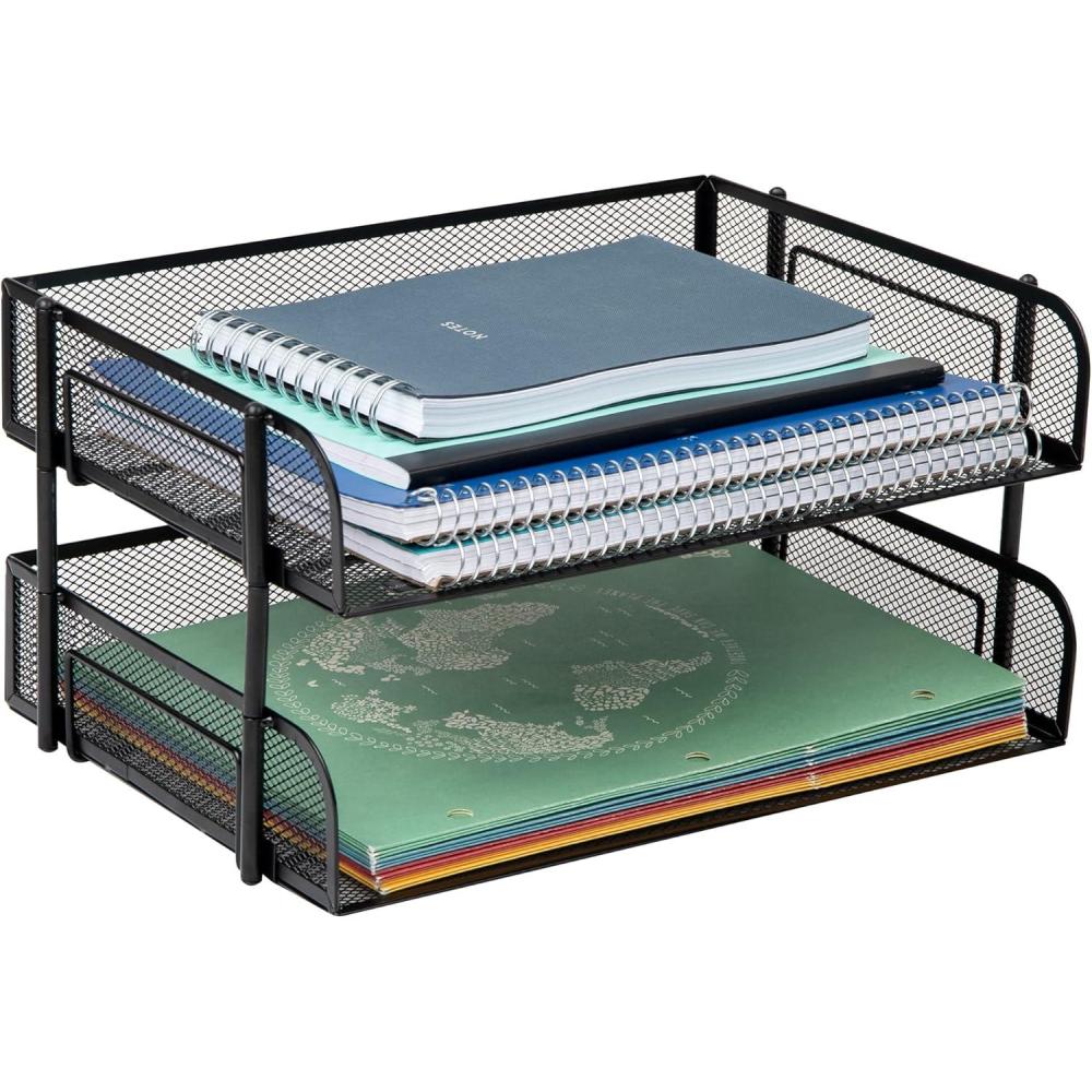 image:imageMind Reader Stackable Paper Tray Desktop Organizer File Storage Office Metal Mesh 135 L x 10 W x 725 H 2 Pcs WhiteBlack
