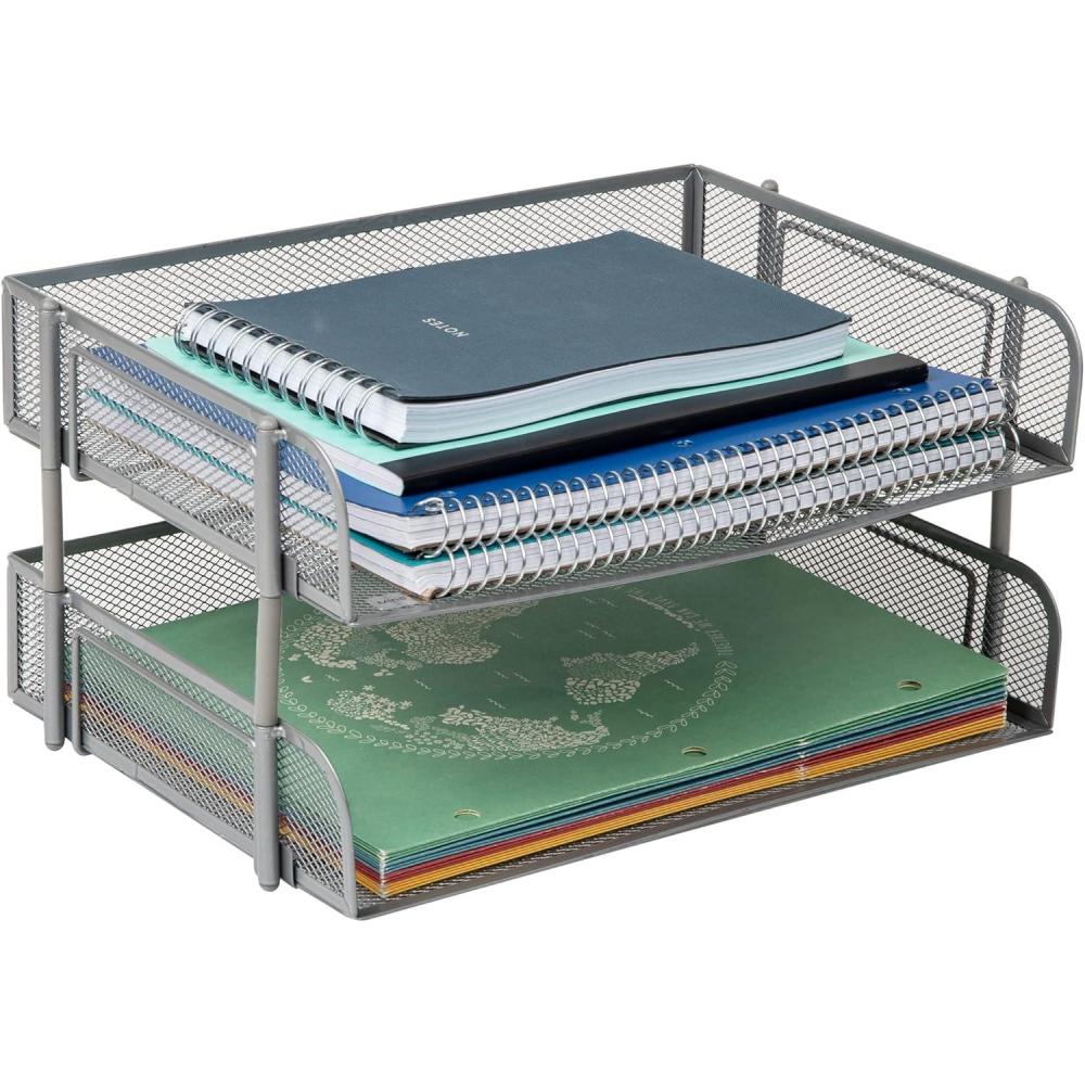 image:imageMind Reader Stackable Paper Tray Desktop Organizer File Storage Office Metal Mesh 135 L x 10 W x 725 H 2 Pcs WhiteSilver
