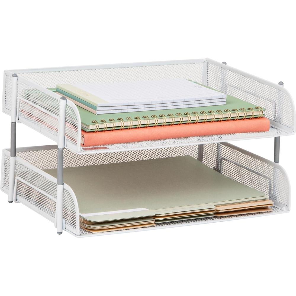 image:imageMind Reader Stackable Paper Tray Desktop Organizer File Storage Office Metal Mesh 135 L x 10 W x 725 H 2 Pcs WhiteWhite